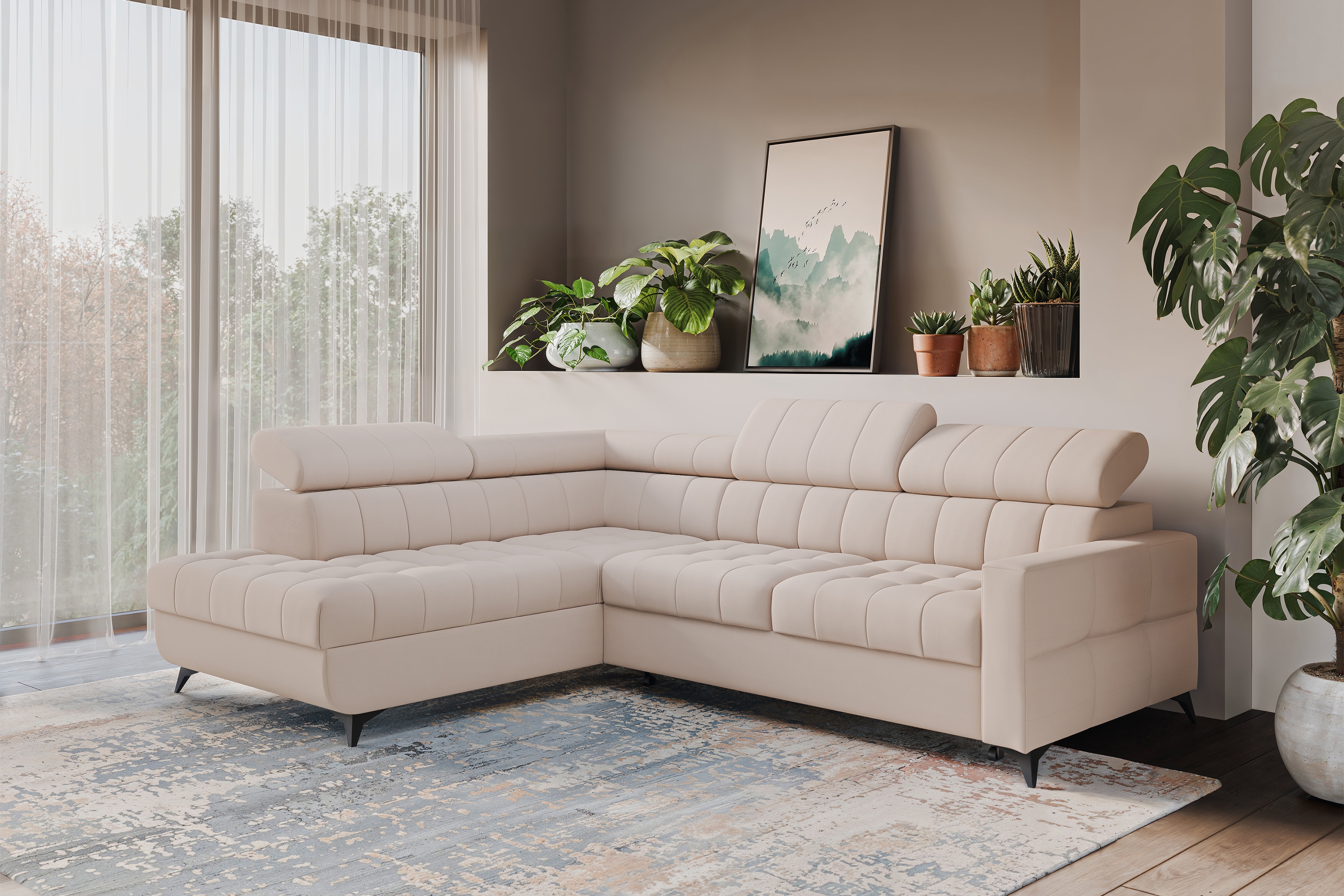 Rozkládací rohová sedací souprava Nardo L levá - béžová Pretty 03 Rohová sedací souprava Nardo L rozkládací levá - béžová plusz Pretty 03 