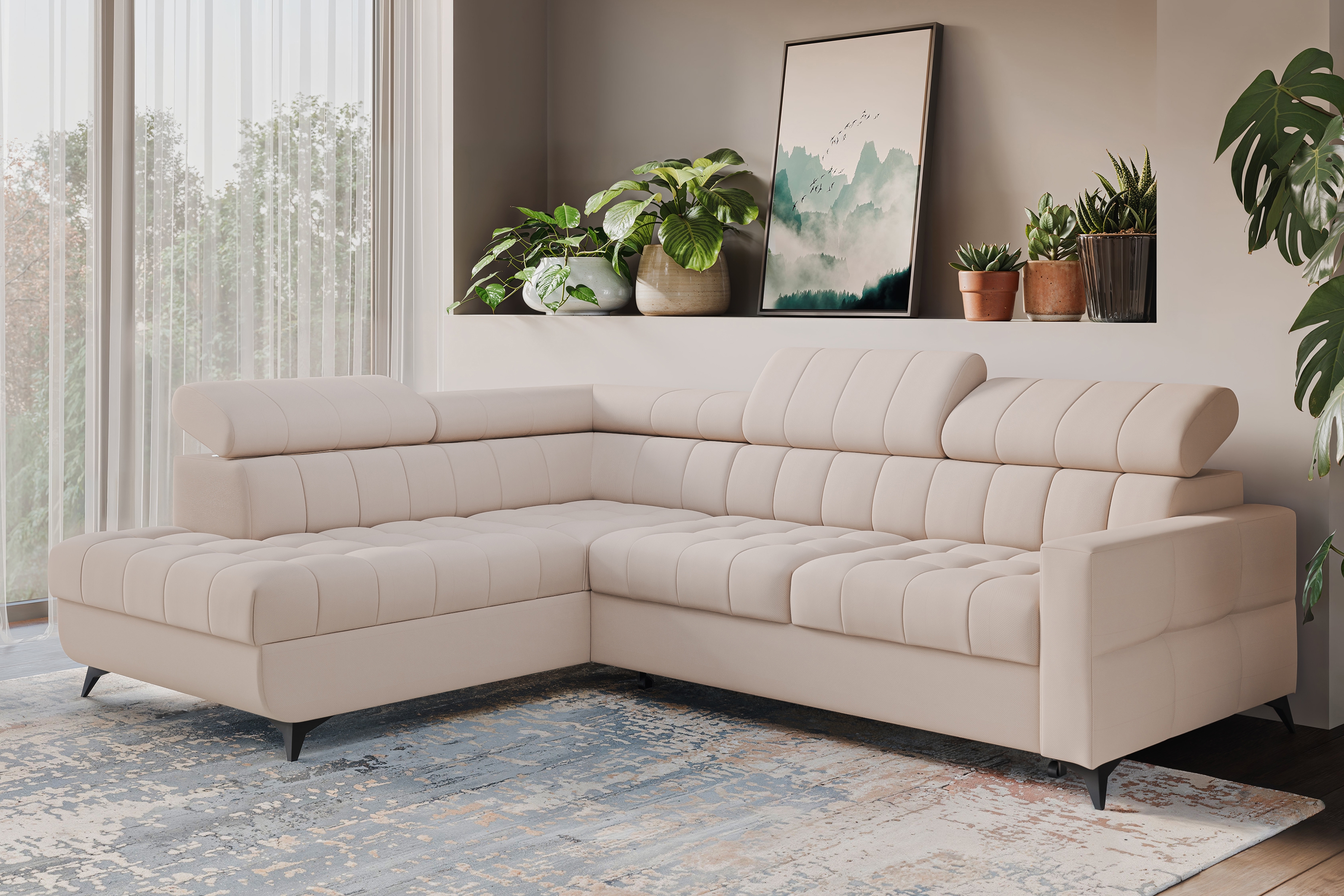 Rozkládací rohová sedací souprava Nardo L levá - béžová Pretty 03 Rohová sedací souprava Nardo L rozkládací levá - béžová plusz Pretty 03 