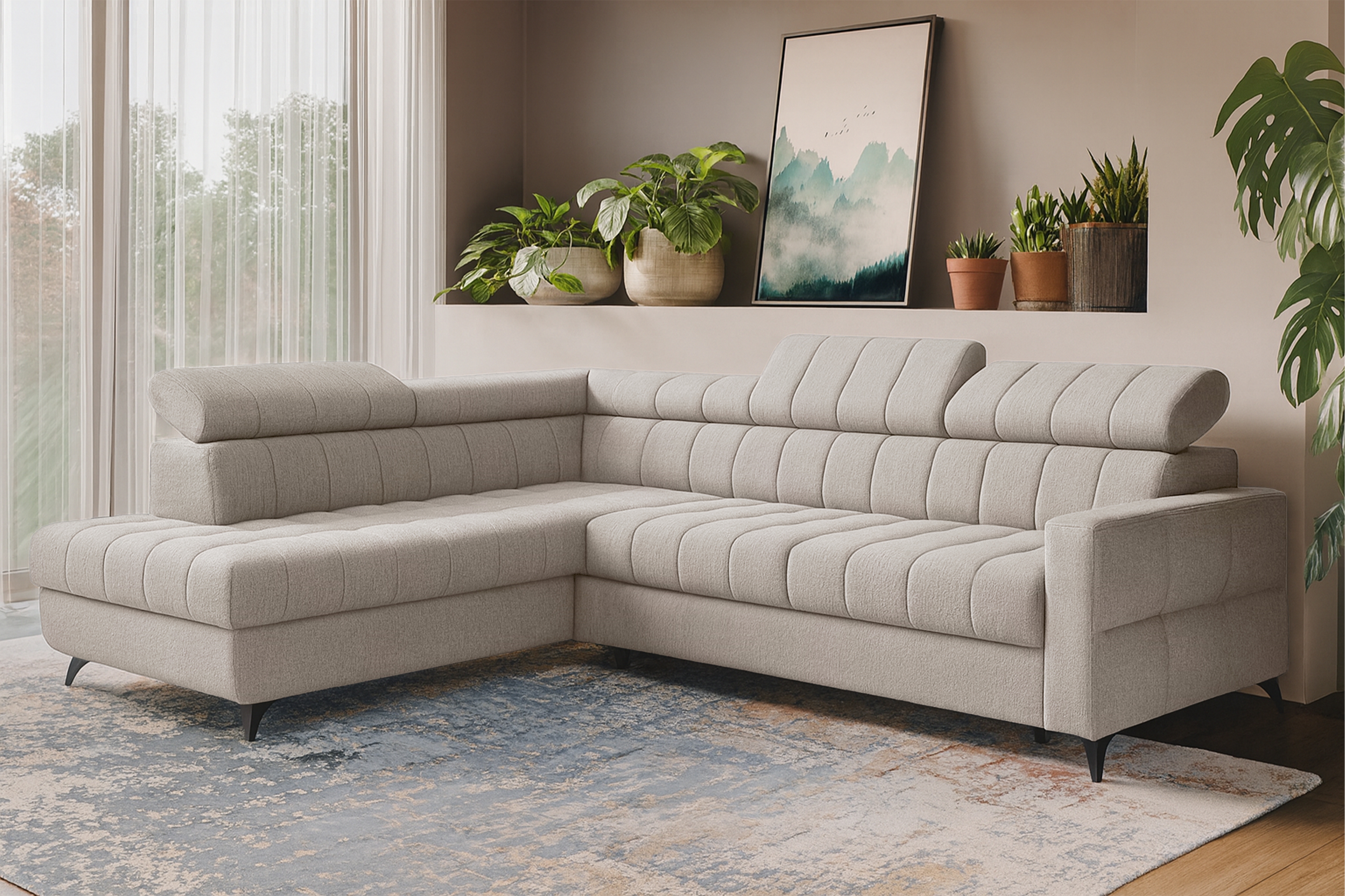 Rozkládací rohová sedací souprava Nardo L levá - béžová Taro 04 Rohová sedací souprava Nardo L rozkládací levá - béžová šenil latwoczyszczacy Taro 04