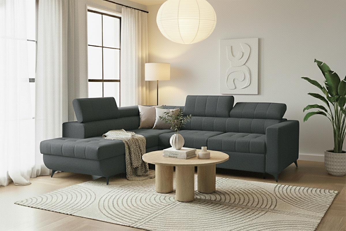 Rohová pohovka Nardo L s rozkladem levostranná - tmavě šedý plyš Pretty 18 Rohová sedací souprava Nardo L rozkládací levá - tmavě šedá plusz Pretty 18