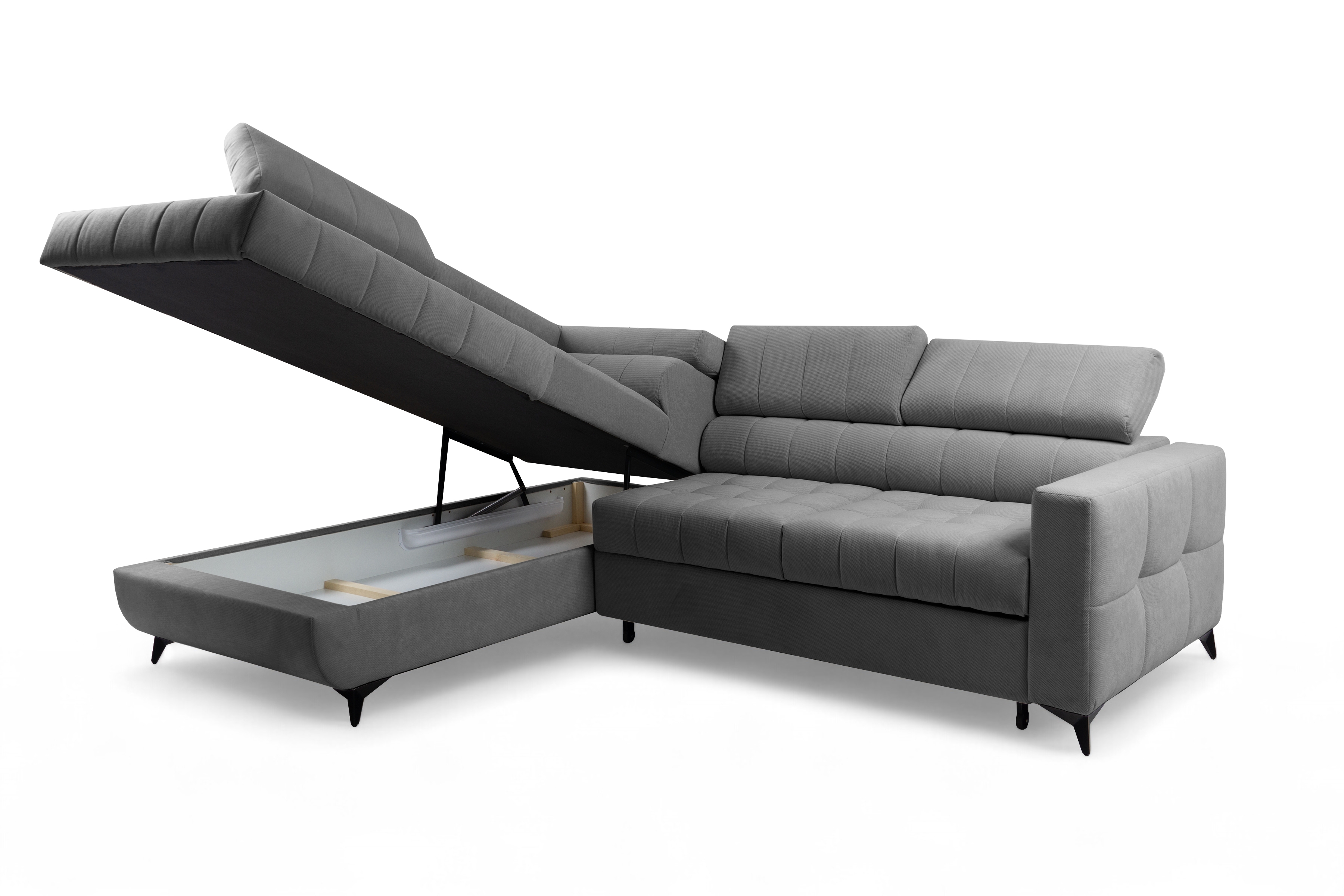 Rohová pohovka Nardo L s rozkladem levostranná - tmavě šedý plyš Pretty 18 Rohová sedací souprava Nardo L rozkládací levá - tmavě šedá plusz Pretty 18