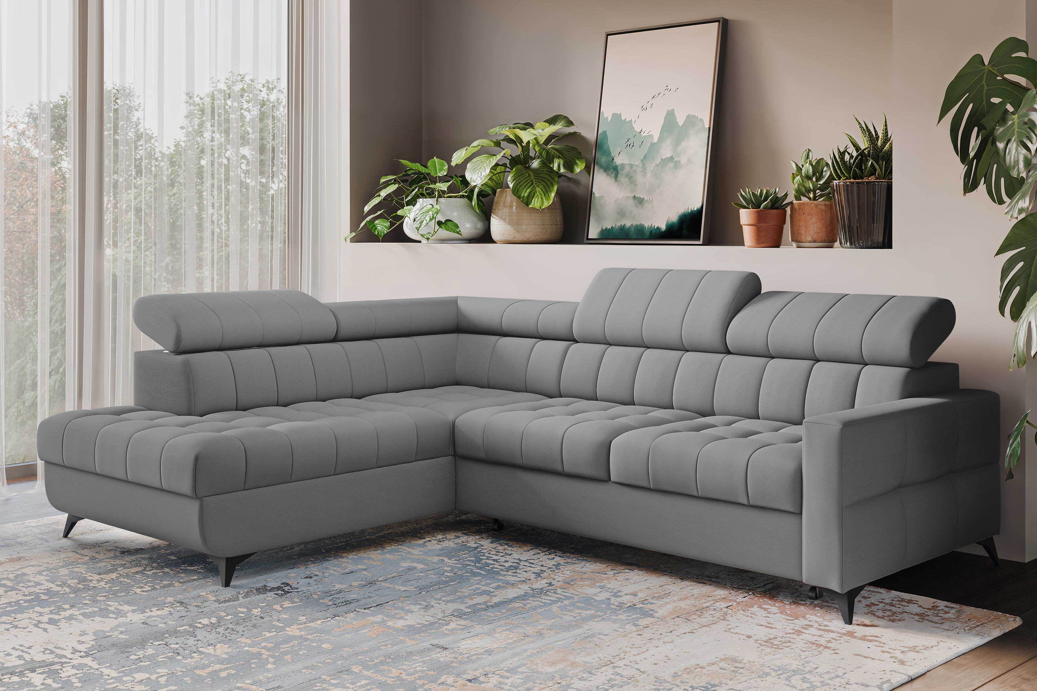 Rozkládací rohová sedací souprava Nardo L levá - šedá Pretty 17 Rohová sedací souprava Nardo L rozkládací levá - šedá plusz Pretty 17 