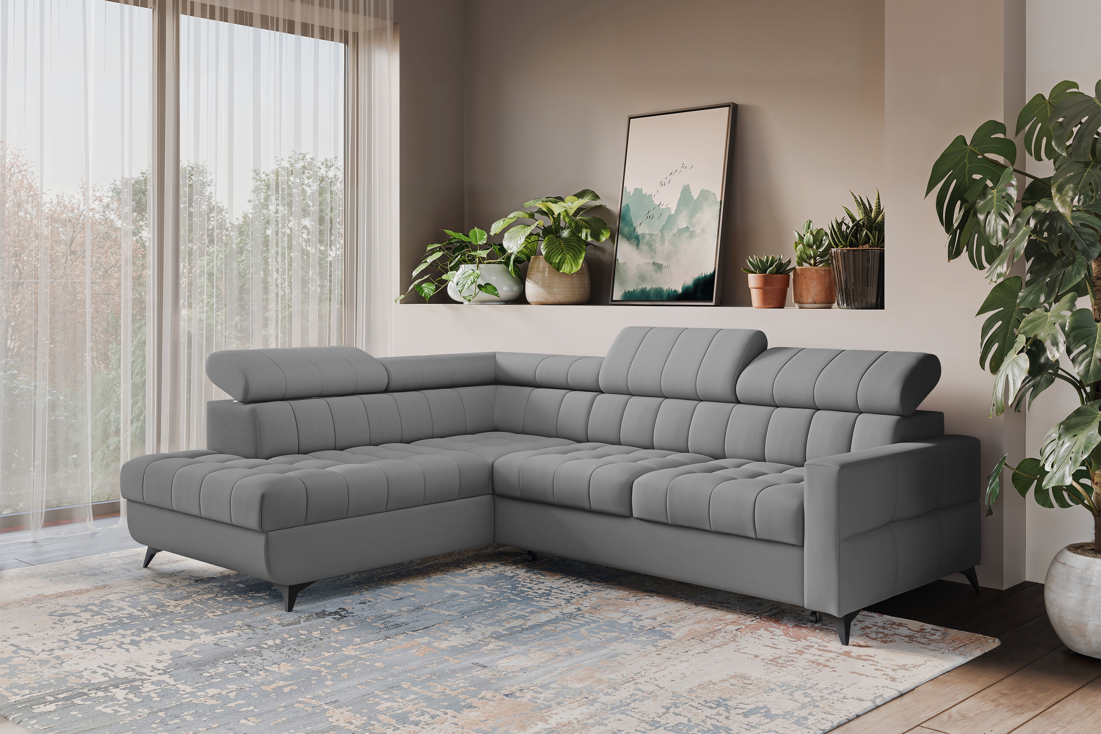 Rozkládací rohová sedací souprava Nardo L levá - šedá Pretty 17 Rohová sedací souprava Nardo L rozkládací levá - šedá plusz Pretty 17 