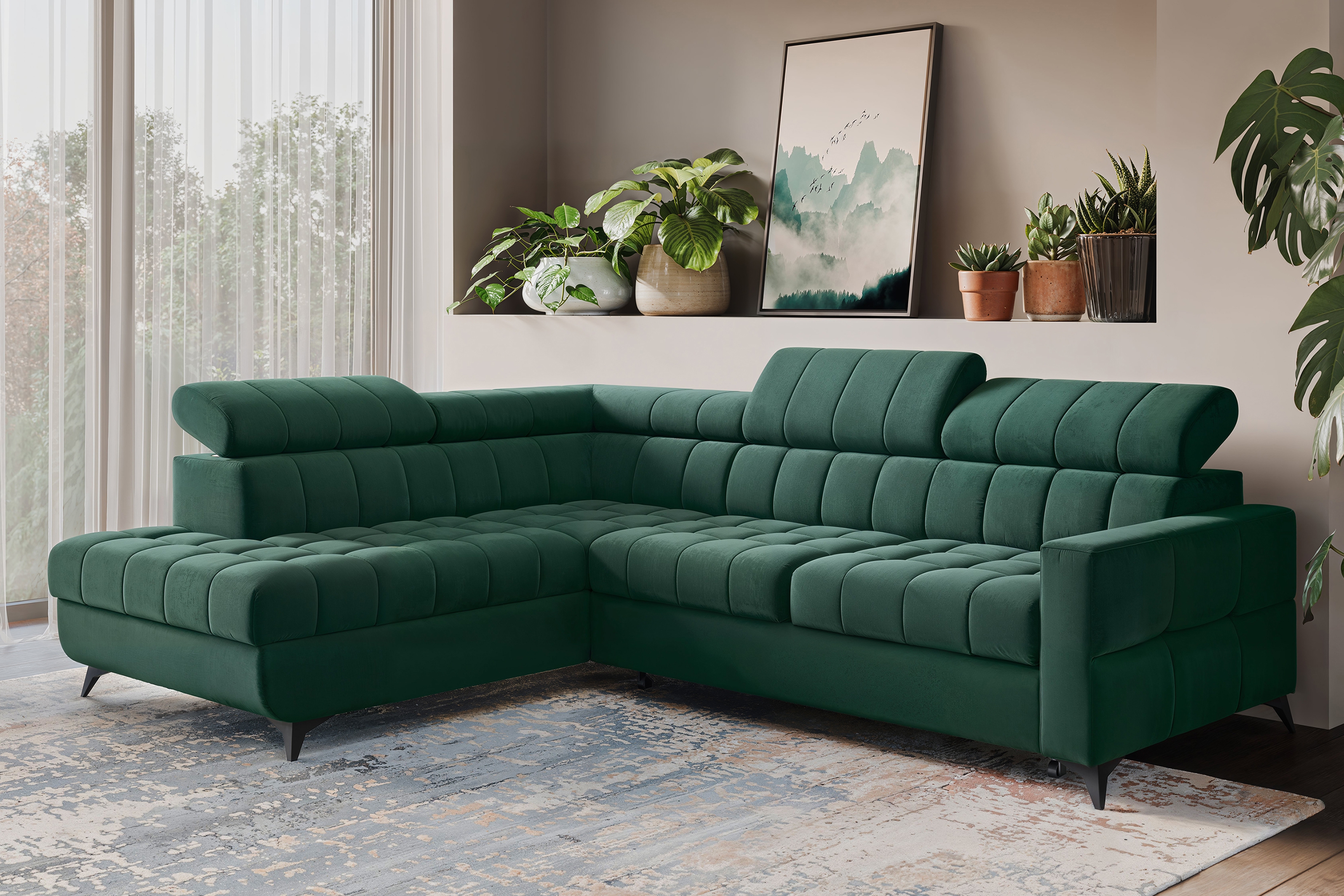 Rozkládací rohová sedací souprava Nardo L levá - zelená Bluvel 78 Rohová sedací souprava Nardo L rozkládací levá - zelená samet Bluvel 78 