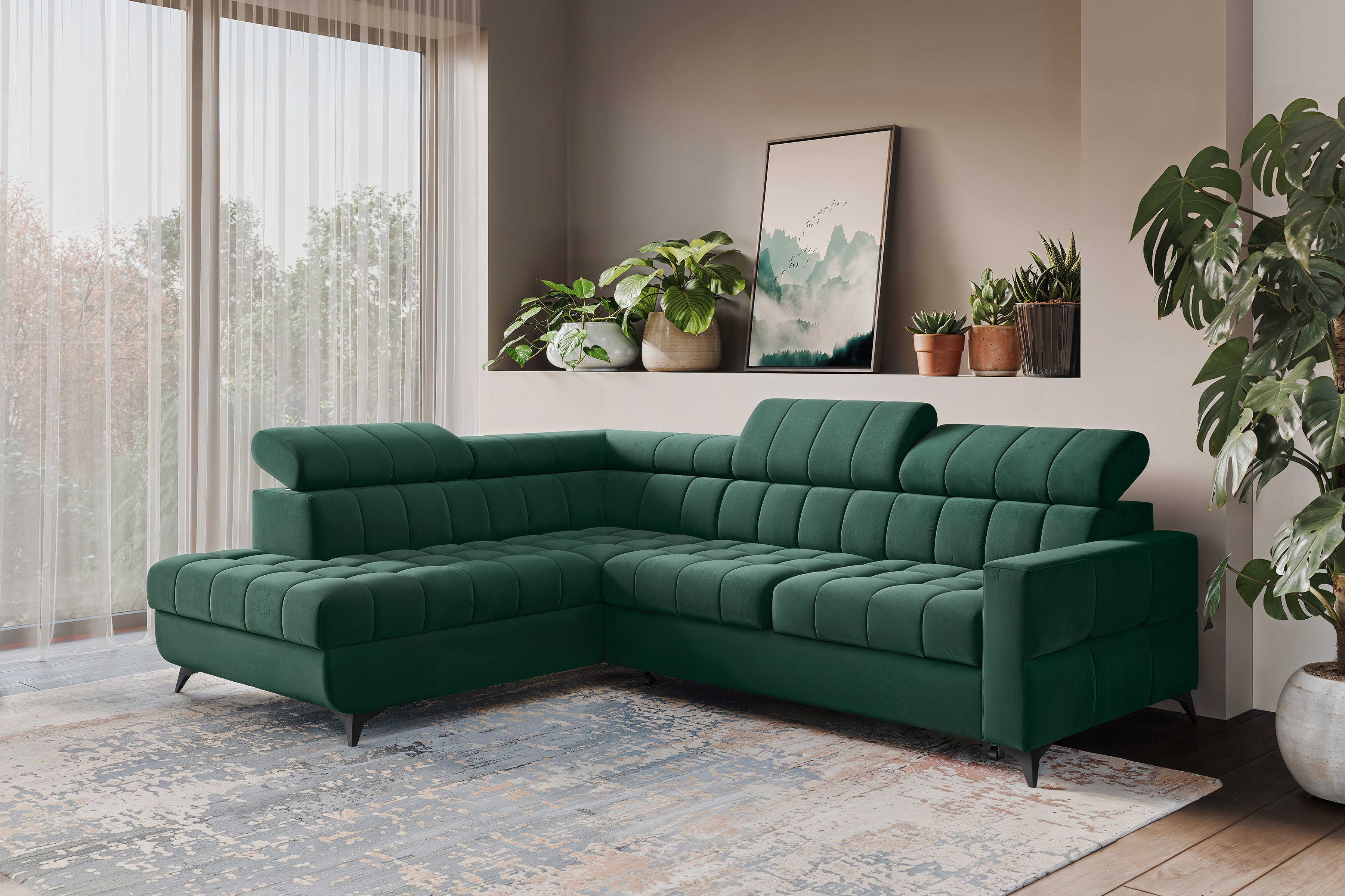 Rozkládací rohová sedací souprava Nardo L levá - zelená Bluvel 78 Rohová sedací souprava Nardo L rozkládací levá - zelená samet Bluvel 78 