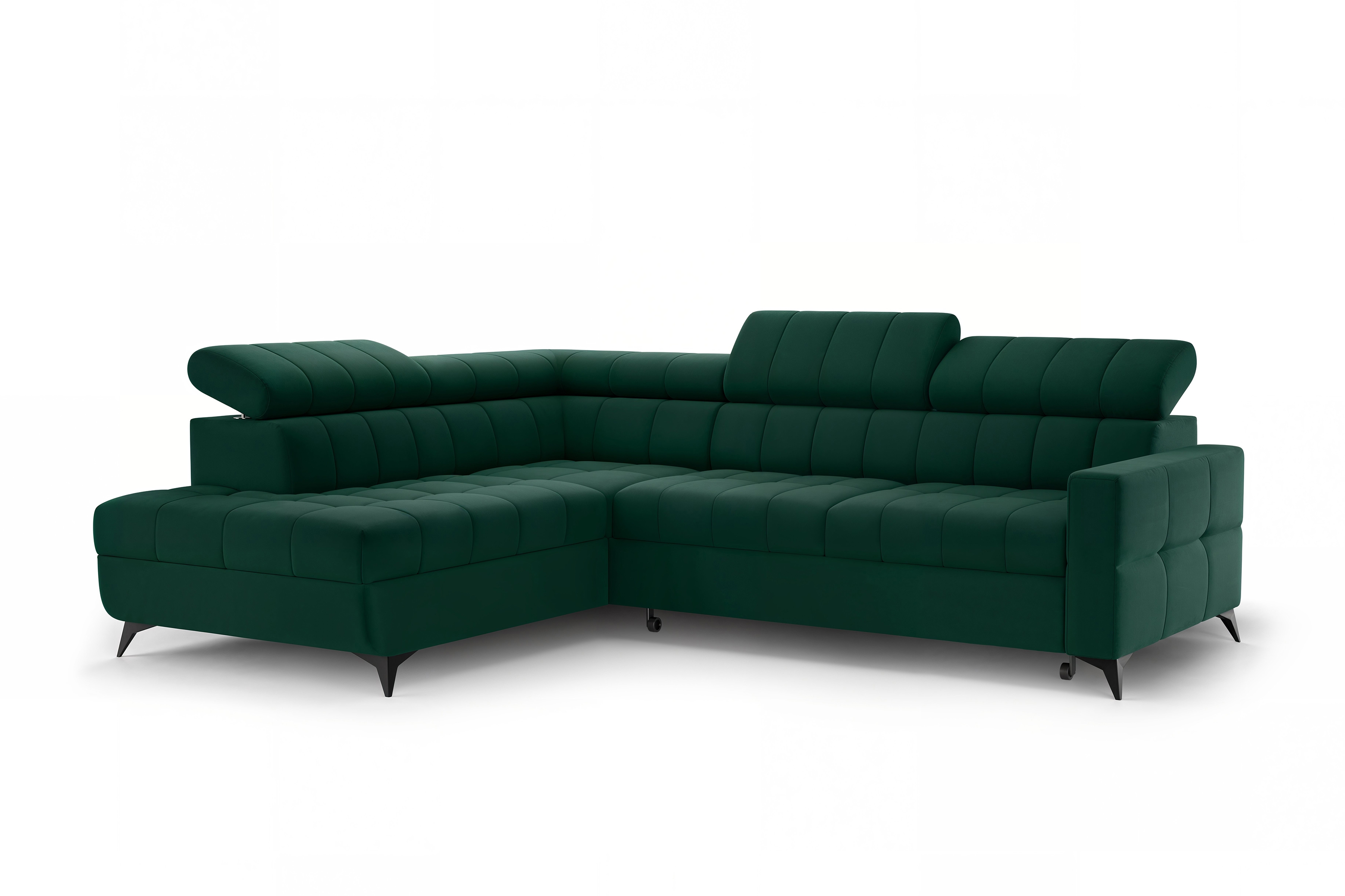 Rozkládací rohová sedací souprava Nardo L levá - zelená Bluvel 78 Rohová sedací souprava Nardo L rozkládací levá - zelená samet Bluvel 78 