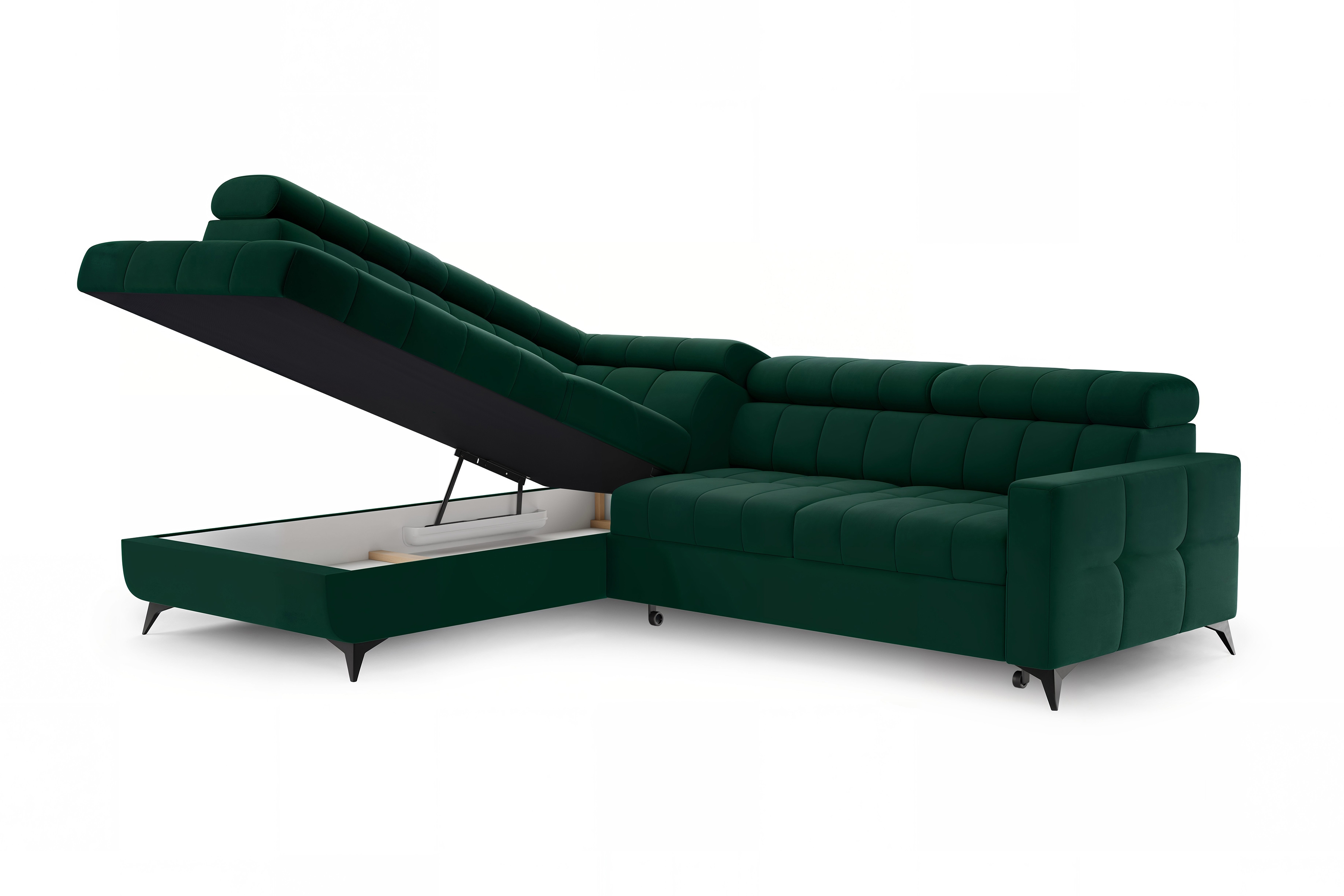 Rozkládací rohová sedací souprava Nardo L levá - zelená Bluvel 78 Rohová sedací souprava Nardo L rozkládací levá - zelená samet Bluvel 78 