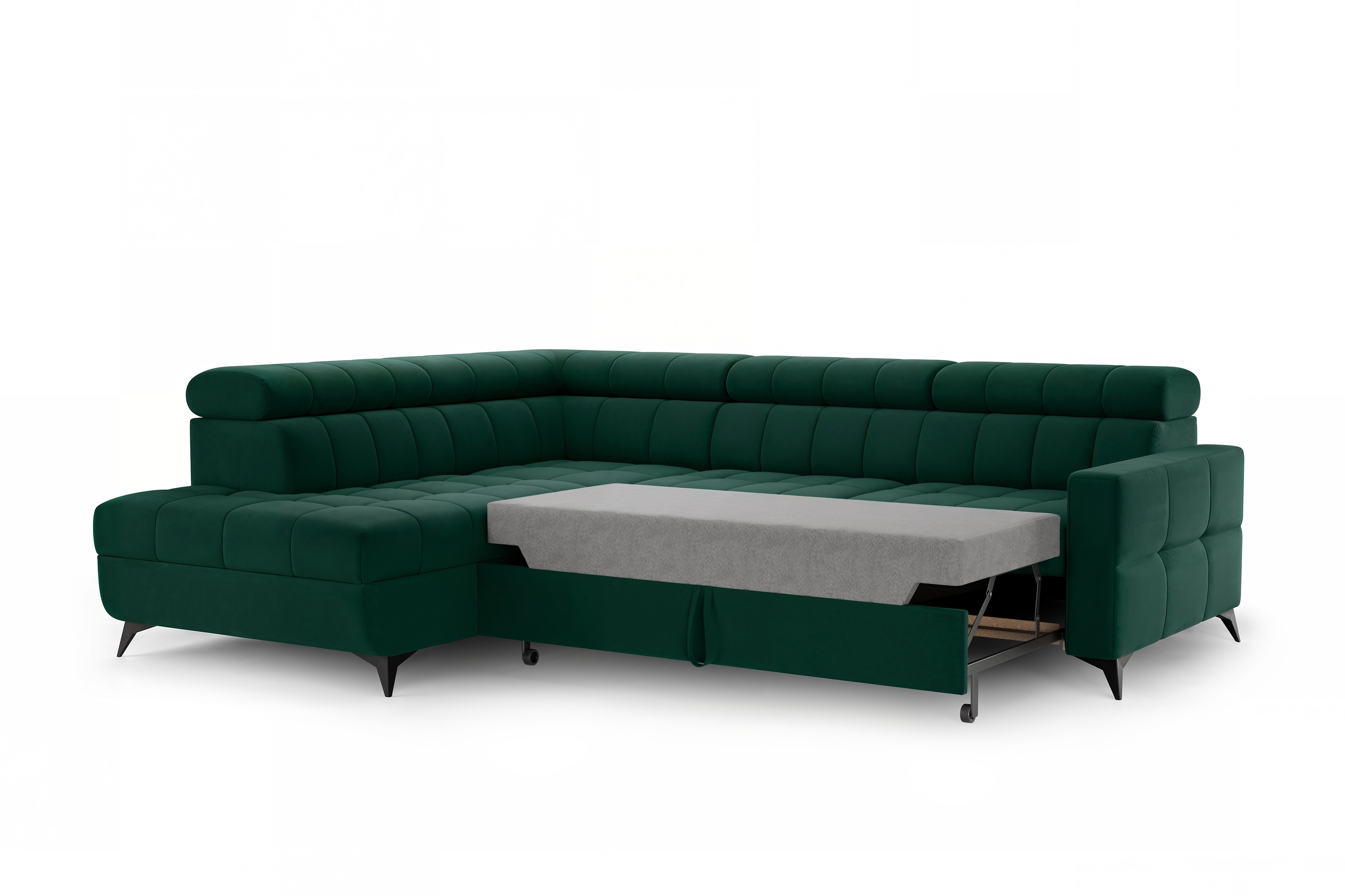 Rozkládací rohová sedací souprava Nardo L levá - zelená Bluvel 78 Rohová sedací souprava Nardo L rozkládací levá - zelená samet Bluvel 78 