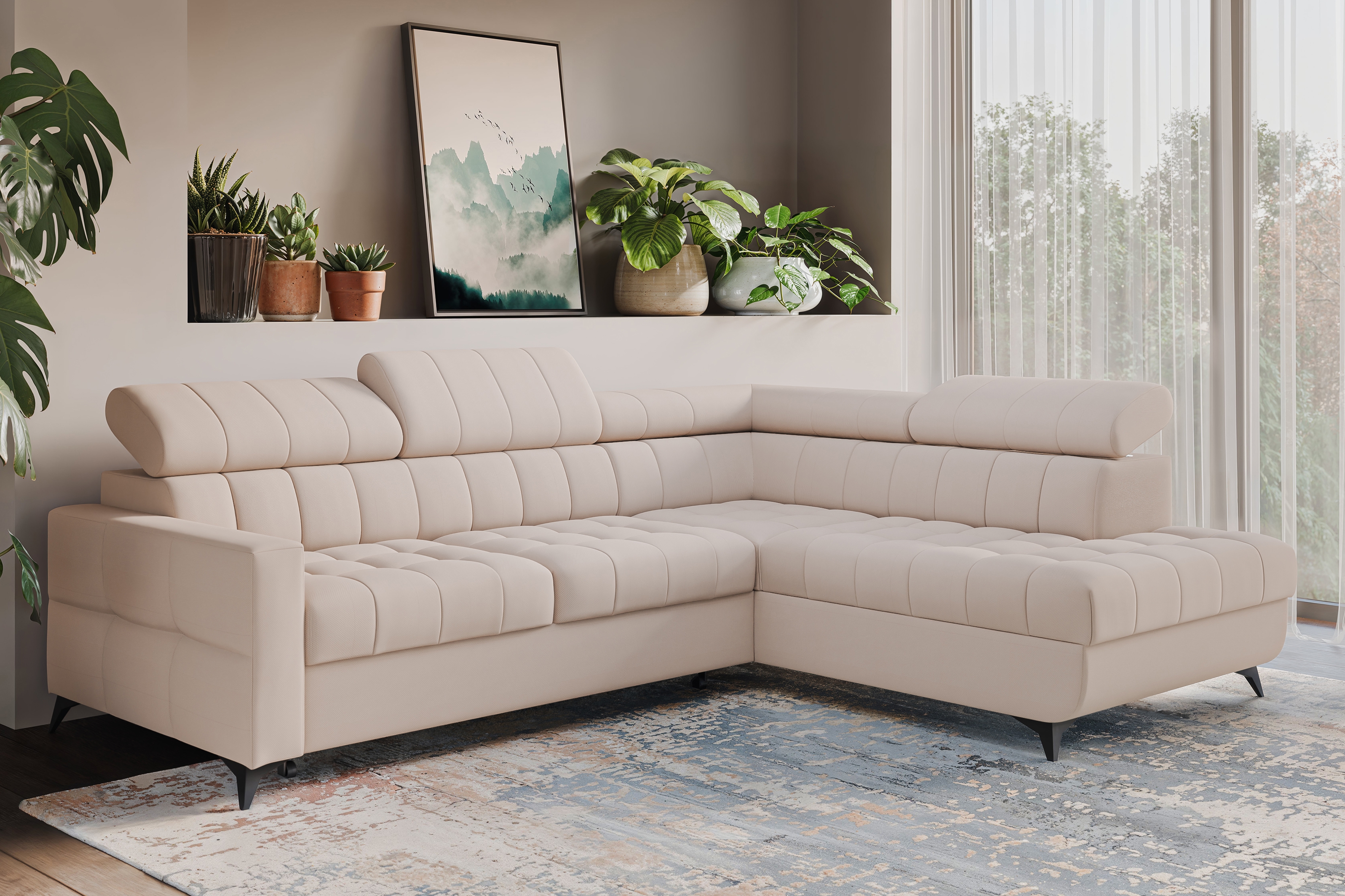 Rozkládací rohová sedací souprava Nardo L pravá - béžová Pretty 03 Rohová sedací souprava Nardo L rozkládací pravá - béžová plusz Pretty 03 