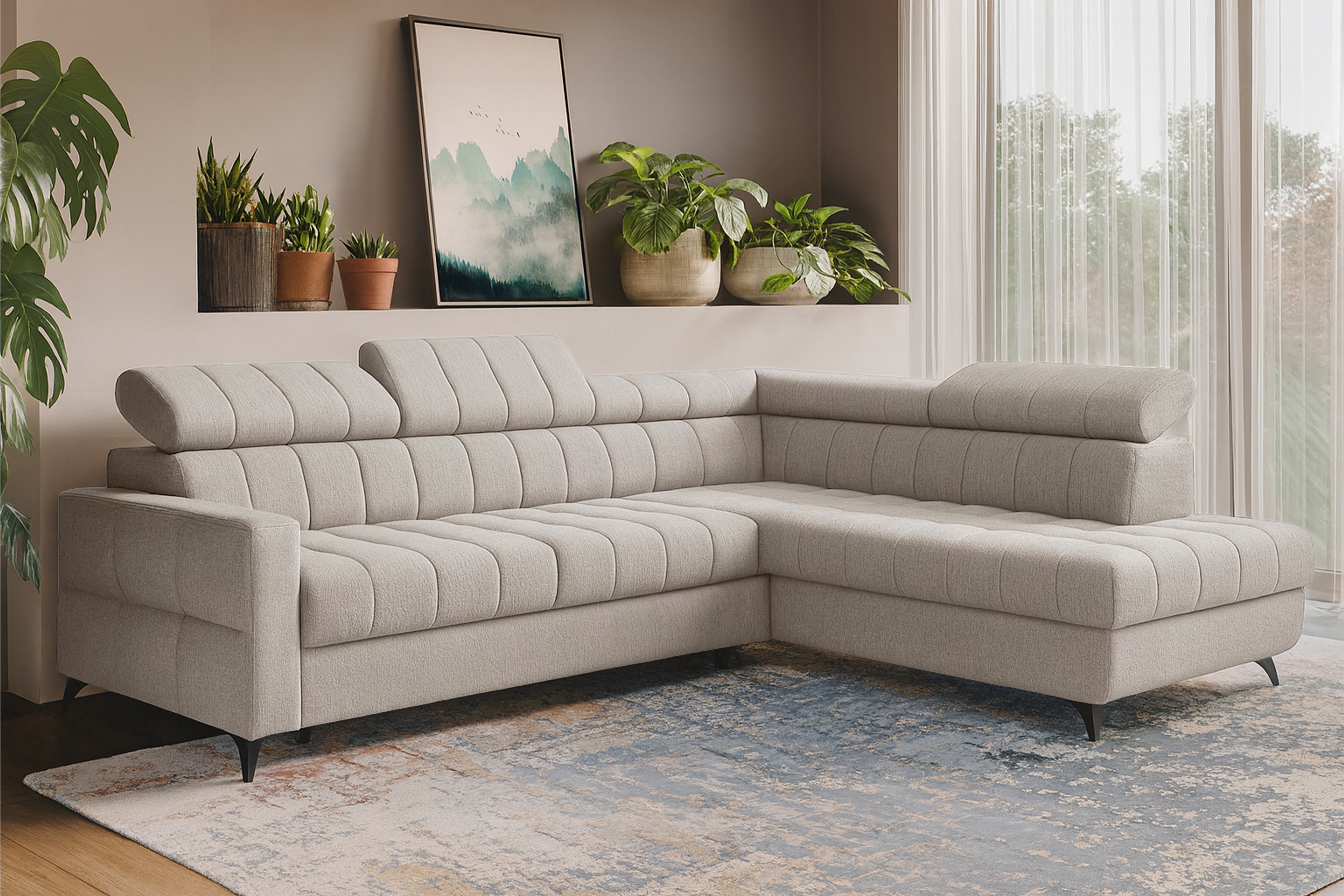 Rozkládací rohová sedací souprava Nardo L pravá - béžová Taro 04 Rohová sedací souprava Nardo L rozkládací pravá - béžová šenil latwoczyszczacy Taro 04 