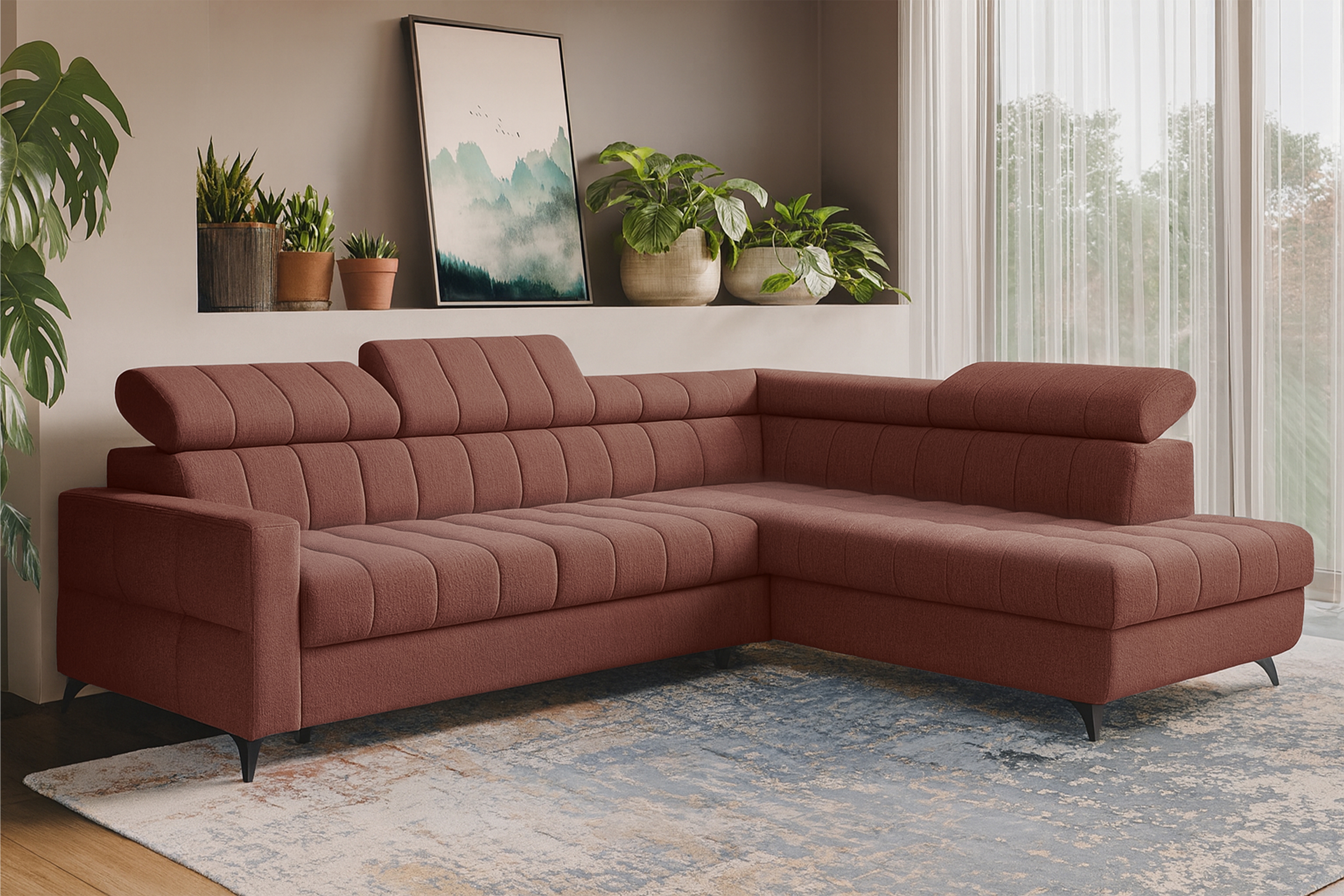 Rozkládací rohová sedací souprava Nardo L pravá - hnědá Taro 57 Rohová sedací souprava Nardo L rozkládací pravá - hnědá šenil latwoczyszczacy Taro 57