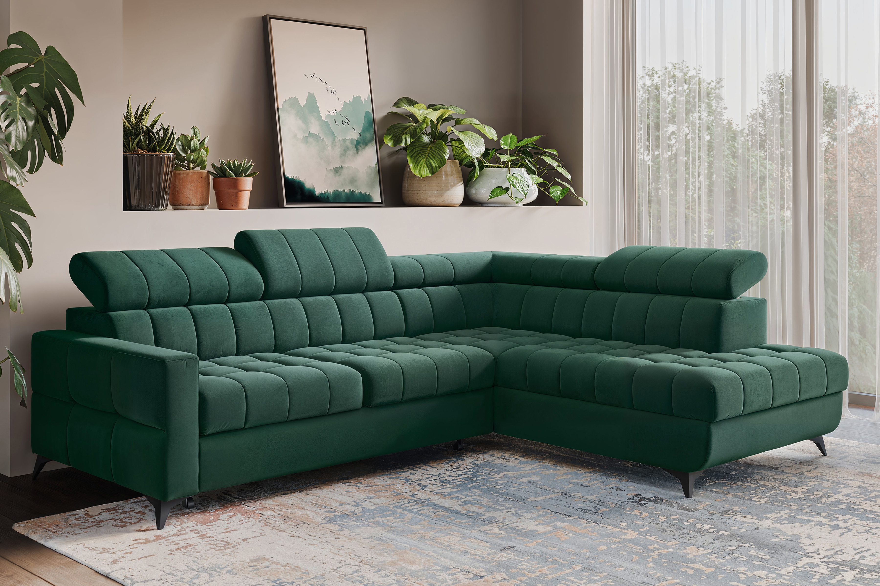 Rozkládací rohová sedací souprava Nardo L pravá - zelená Bluvel 78 Rohová sedací souprava Nardo L rozkládací pravá - zelená samet Bluvel 78