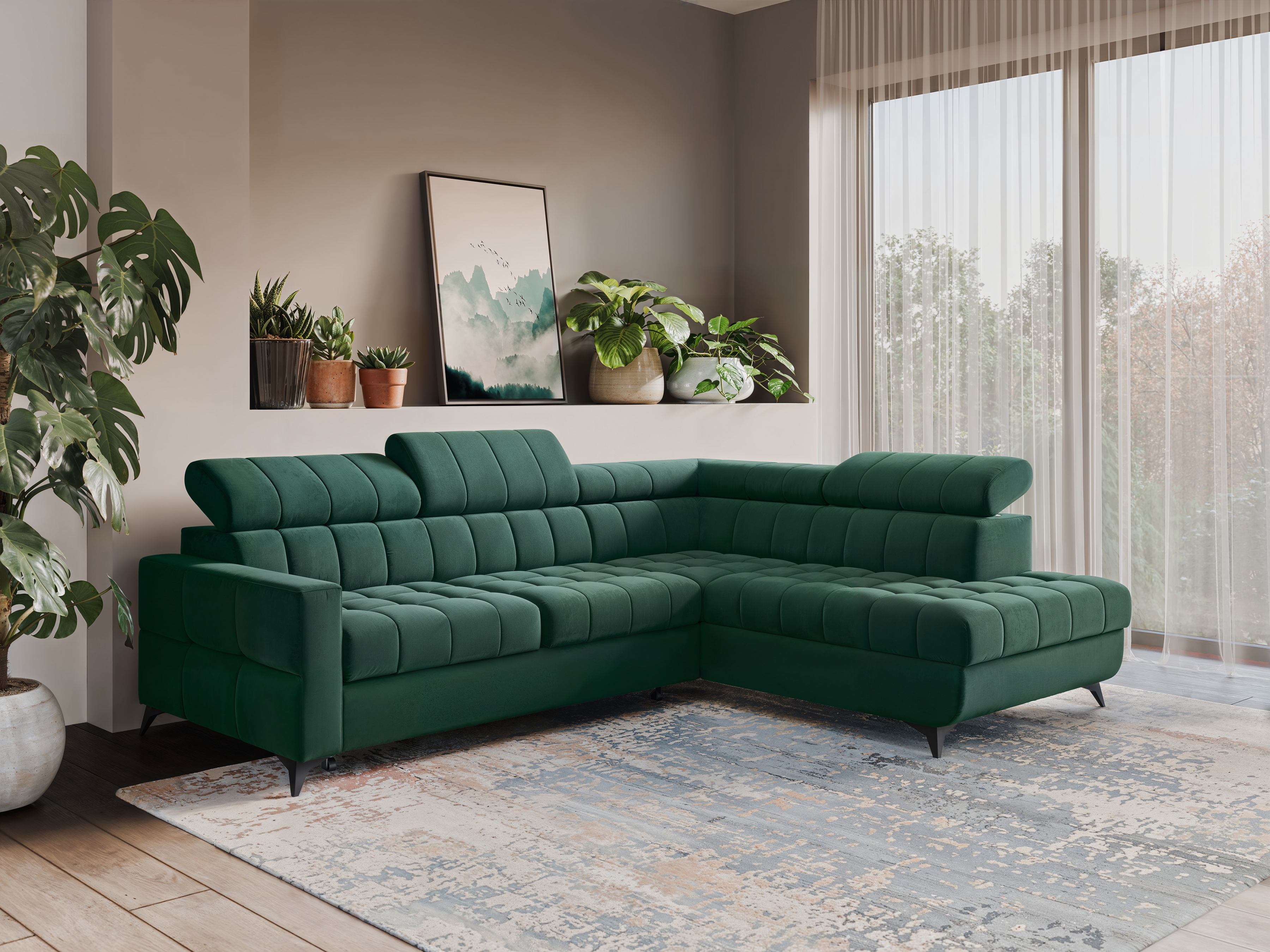 Rozkládací rohová sedací souprava Nardo L pravá - zelená Bluvel 78 Rohová sedací souprava Nardo L rozkládací pravá - zelená samet Bluvel 78