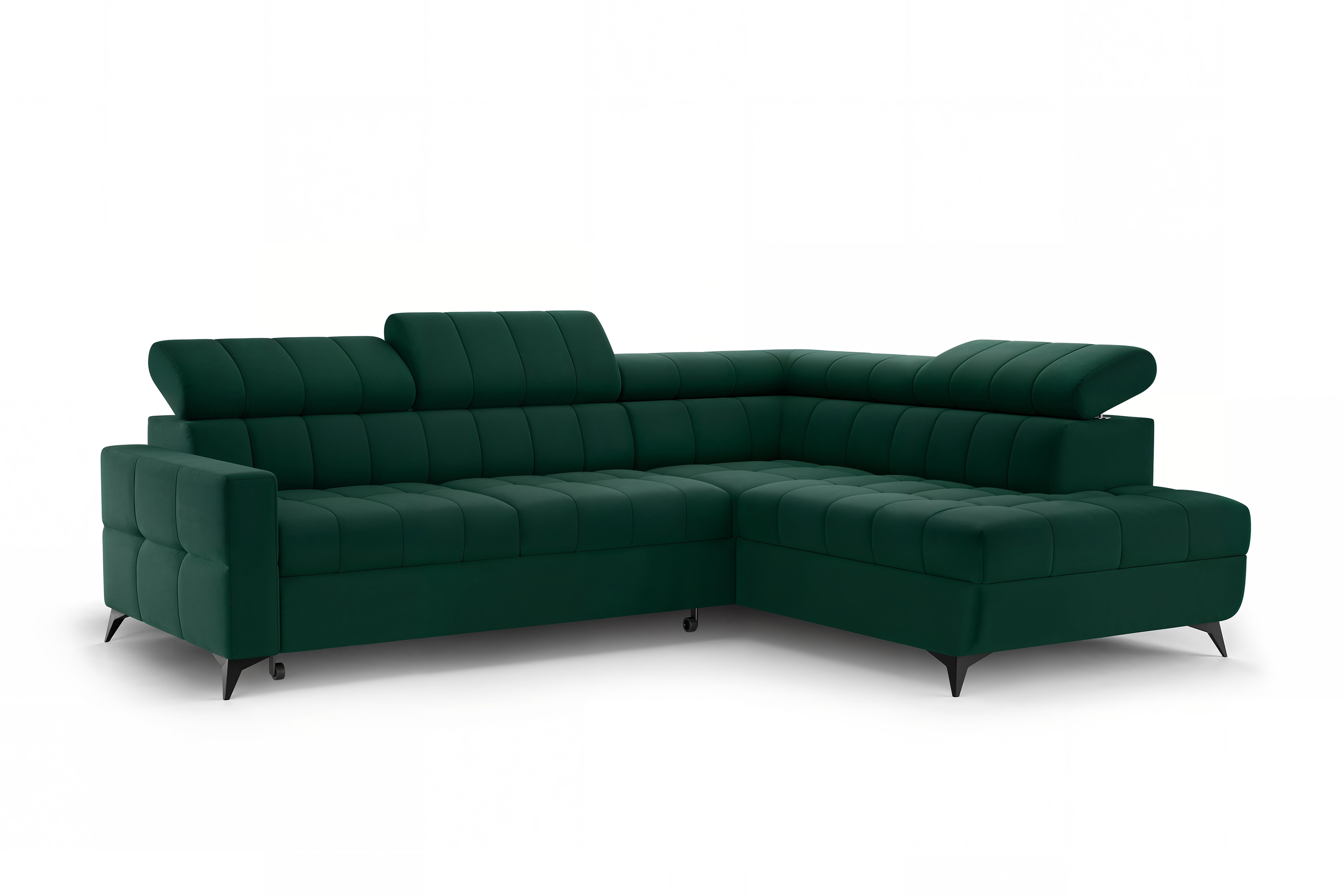 Rozkládací rohová sedací souprava Nardo L pravá - zelená Bluvel 78 Rohová sedací souprava Nardo L rozkládací pravá - zelená samet Bluvel 78