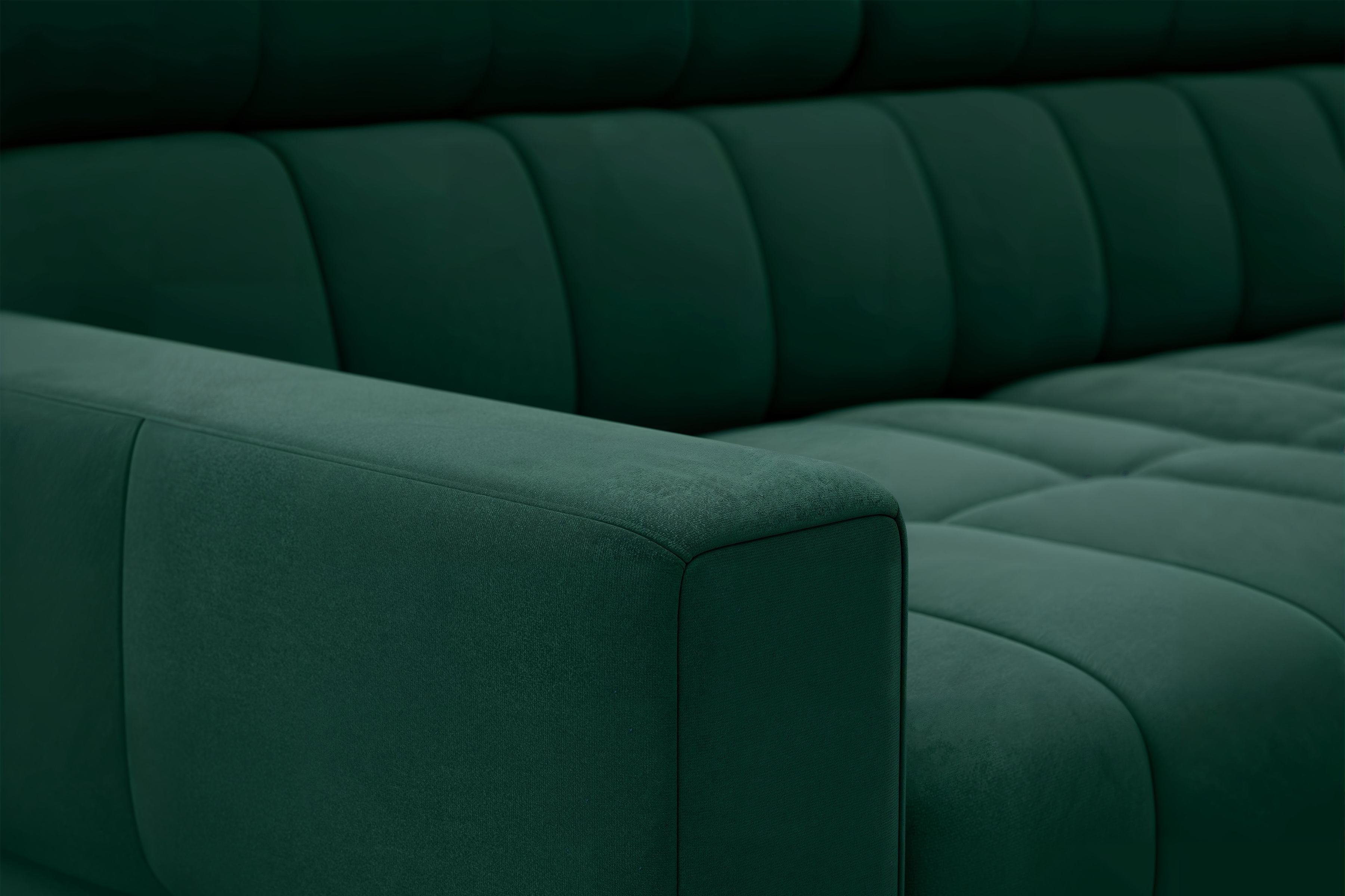 Rozkládací rohová sedací souprava Nardo L pravá - zelená Bluvel 78 Rohová sedací souprava Nardo L rozkládací pravá - zelená samet Bluvel 78