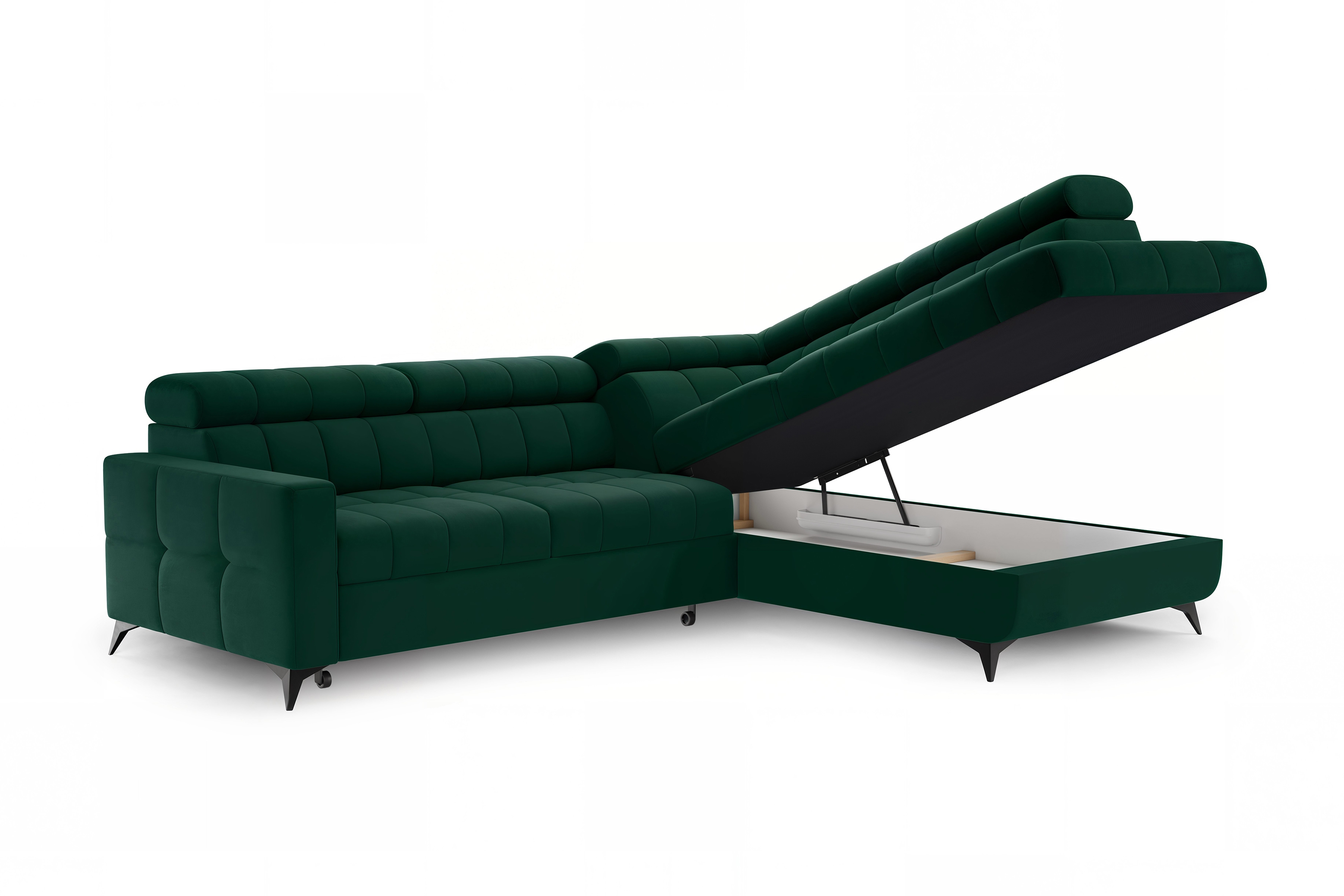 Rozkládací rohová sedací souprava Nardo L pravá - zelená Bluvel 78 Rohová sedací souprava Nardo L rozkládací pravá - zelená samet Bluvel 78