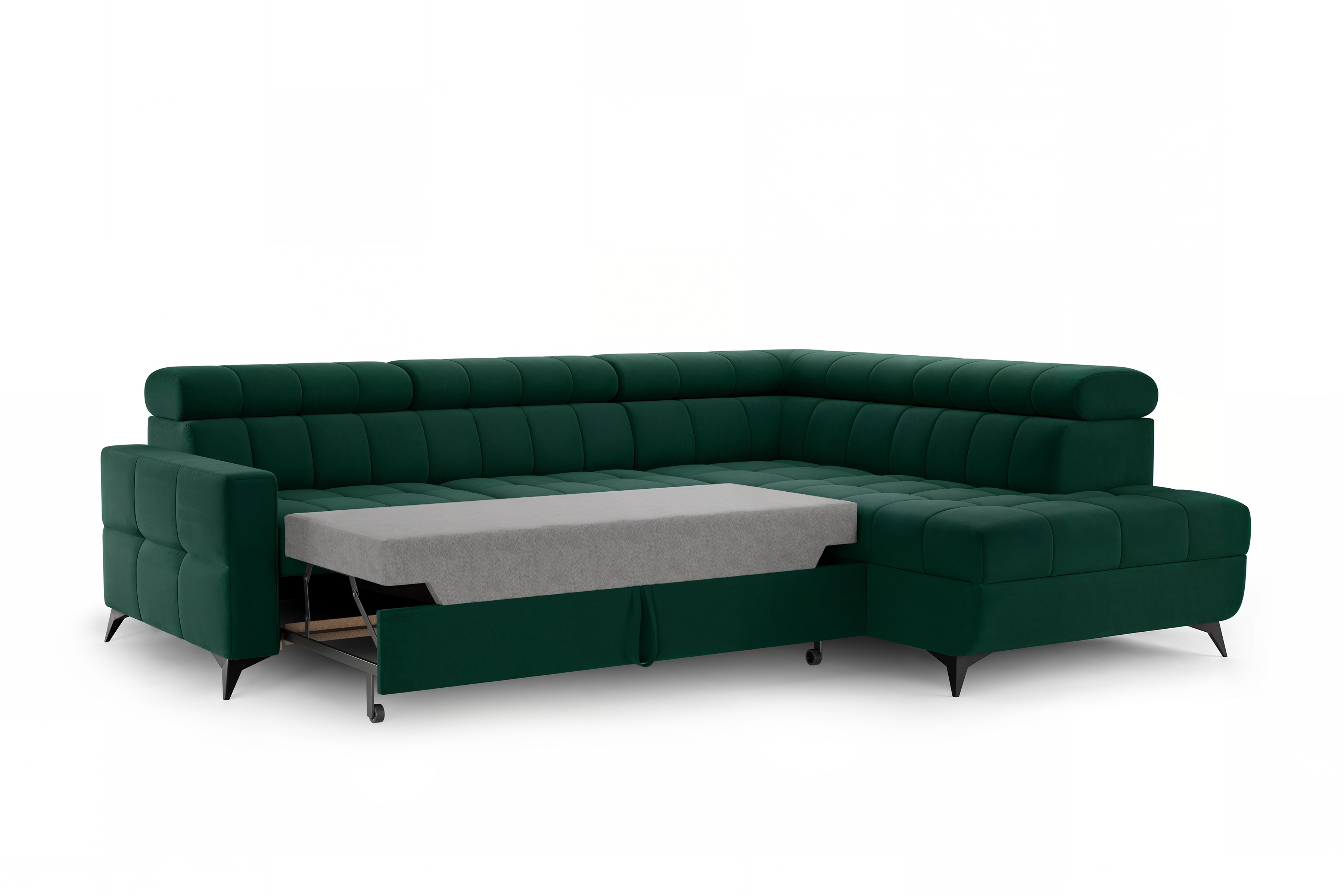 Rozkládací rohová sedací souprava Nardo L pravá - zelená Bluvel 78 Rohová sedací souprava Nardo L rozkládací pravá - zelená samet Bluvel 78