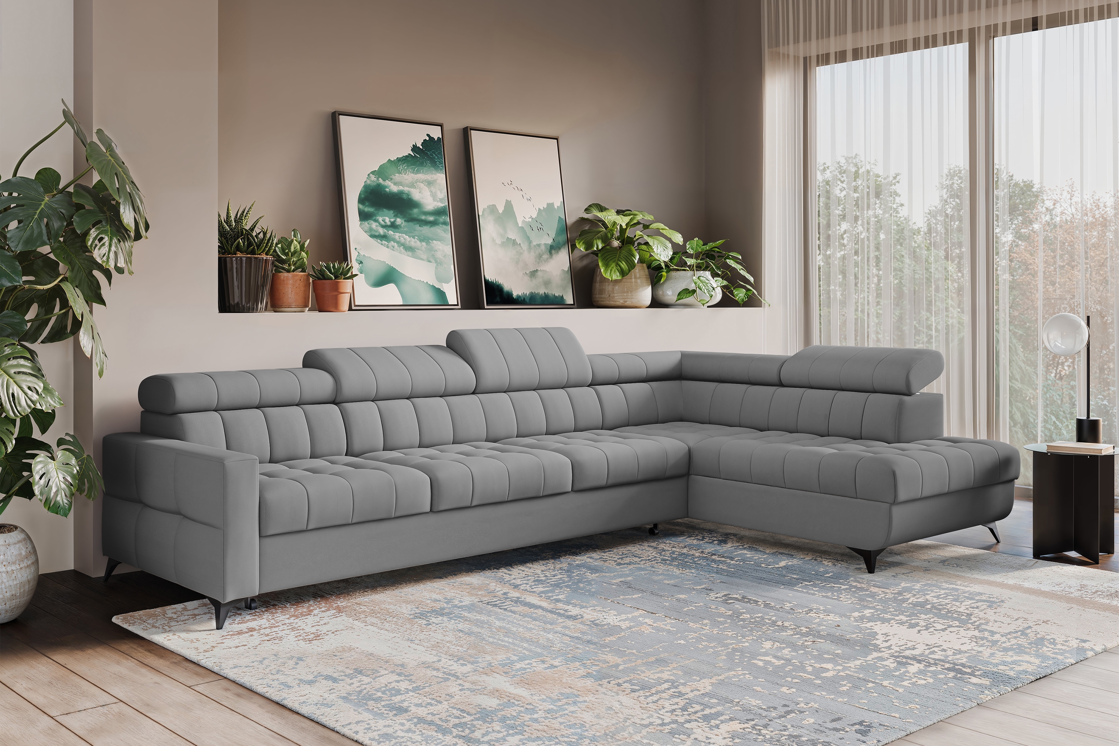 Rozkládací rohová sedací souprava Nardo Maxi pravá - šedá Pretty 17 Rohová sedací souprava Nardo Maxi rozkládací pravá - šedá plusz Pretty 17