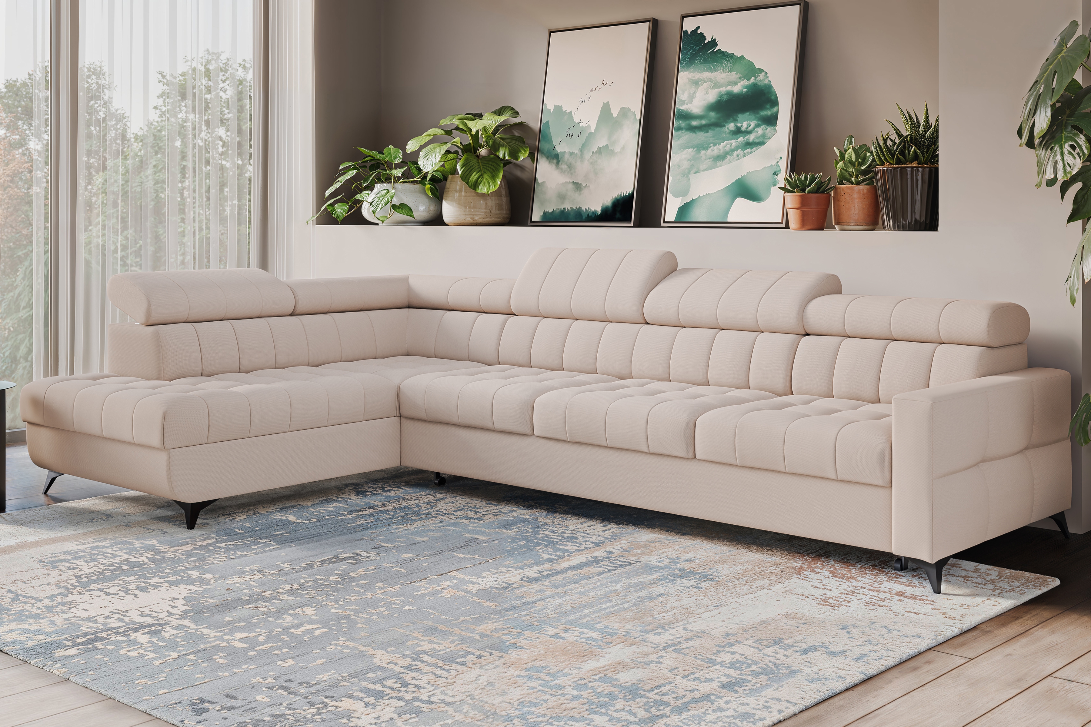 Rozkládací rohová sedací souprava Nardo Maxi levá - béžová Pretty 03 Rohová sedací souprava Nardo Maxi rozkládací levá - béžová plusz Pretty 03 