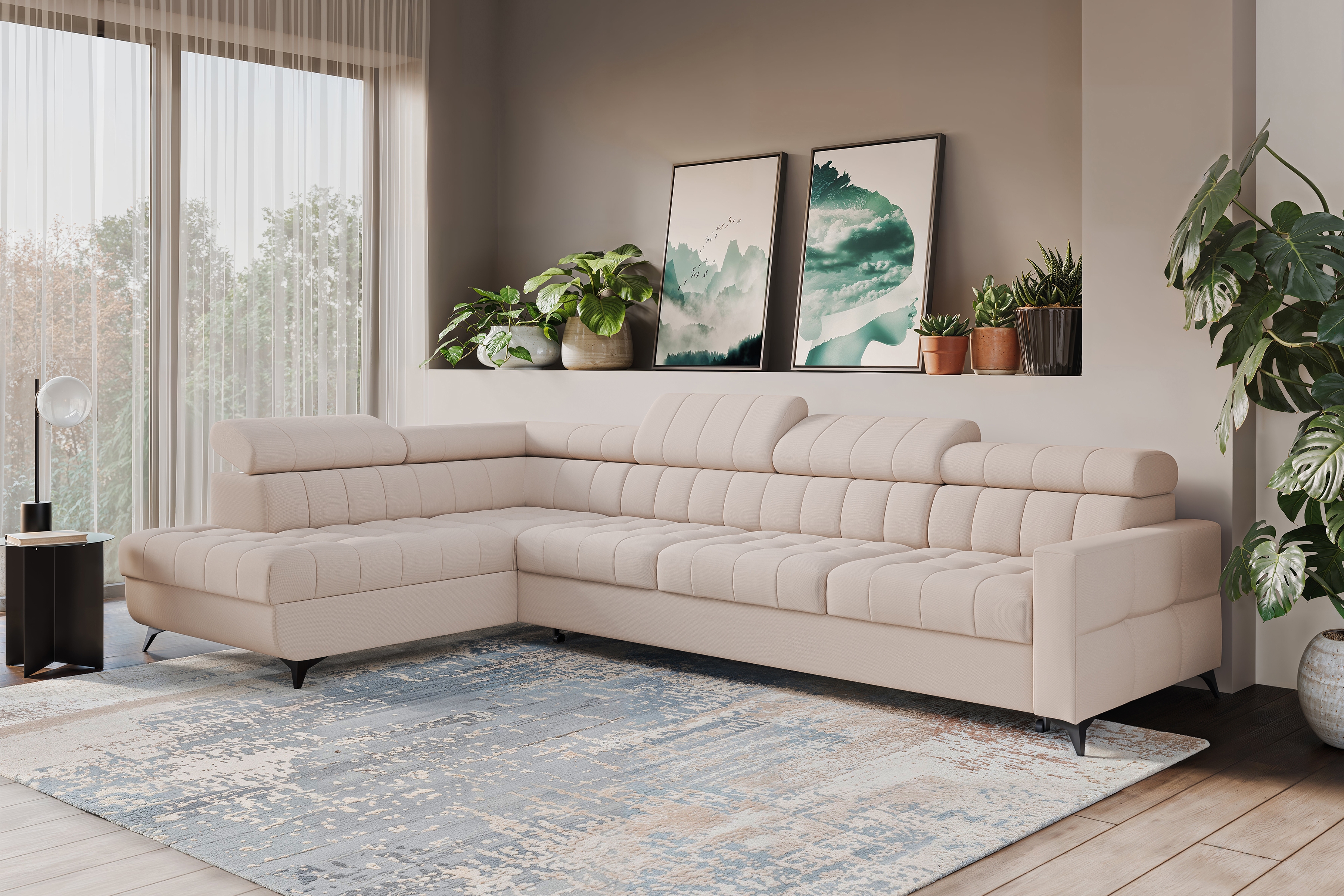 Rozkládací rohová sedací souprava Nardo Maxi levá - béžová Pretty 03 Rohová sedací souprava Nardo Maxi rozkládací levá - béžová plusz Pretty 03 