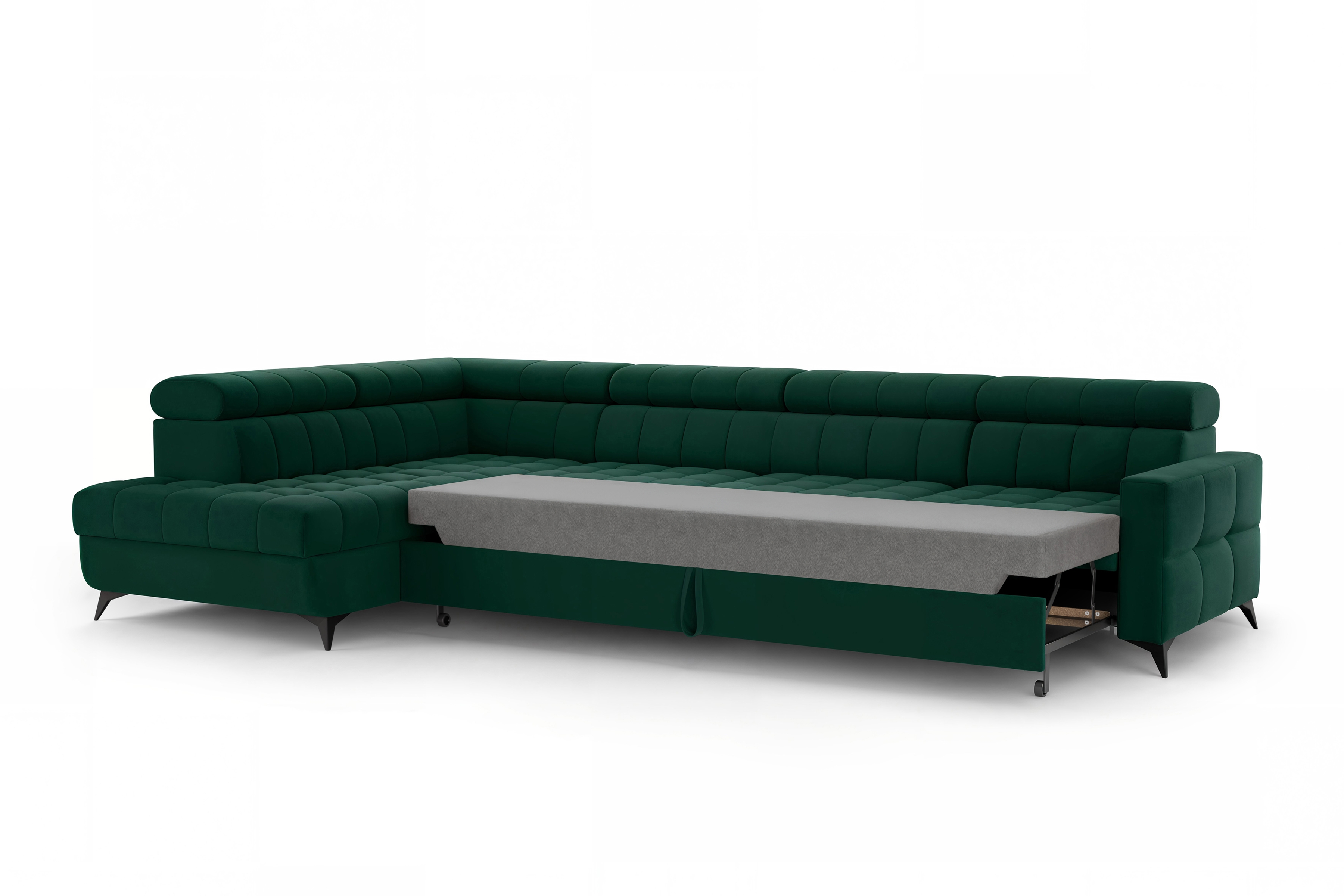 Rozkládací rohová sedací souprava Nardo Maxi levá - zelená Bluvel 78 Rohová sedací souprava Nardo Maxi rozkládací levá - zelená samet Bluvel 78