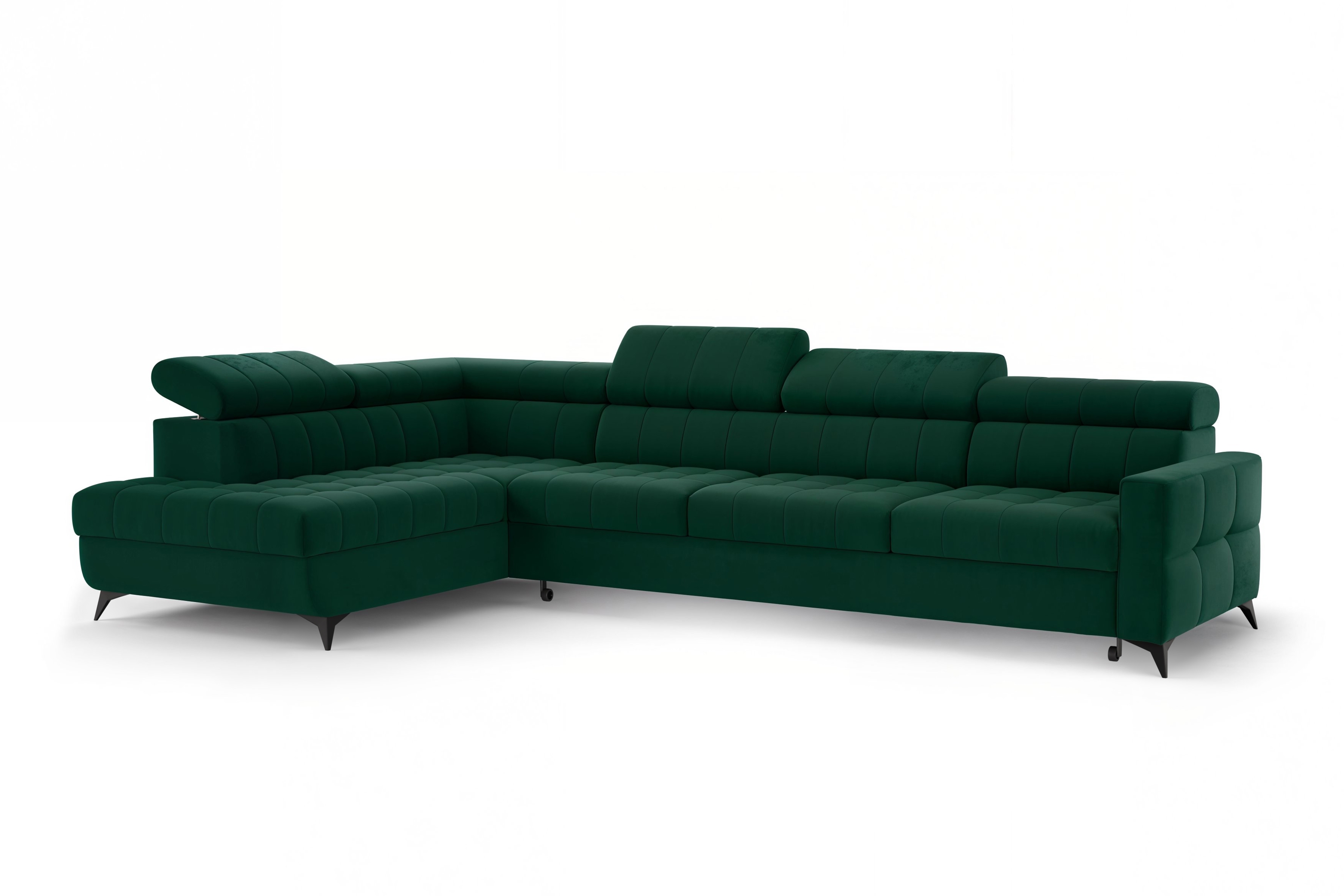 Rozkládací rohová sedací souprava Nardo Maxi levá - zelená Bluvel 78 Rohová sedací souprava Nardo Maxi rozkládací levá - zelená samet Bluvel 78