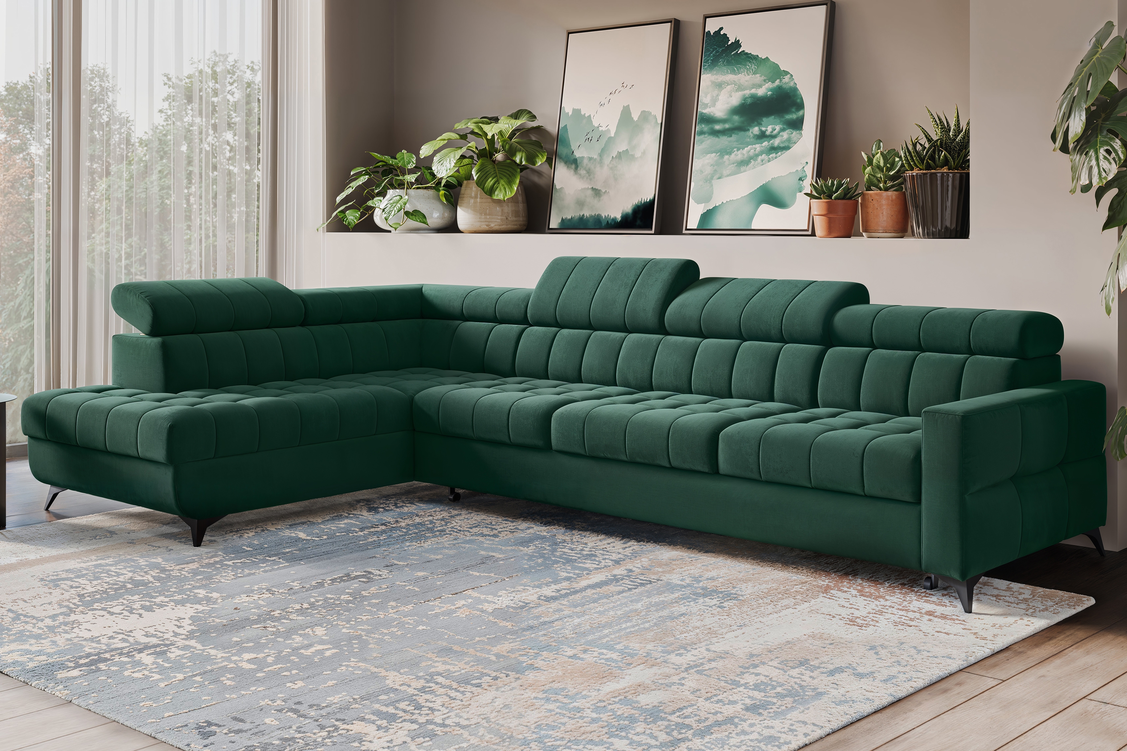 Rozkládací rohová sedací souprava Nardo Maxi levá - zelená Bluvel 78 Rohová sedací souprava Nardo Maxi rozkládací levá - zelená samet Bluvel 78