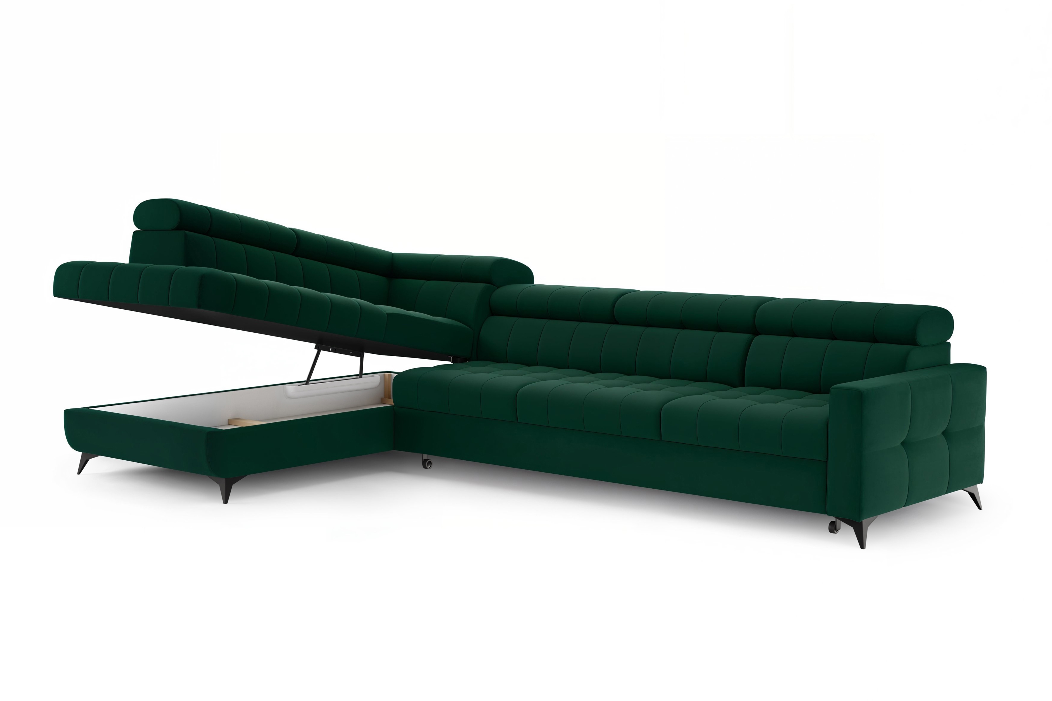 Rozkládací rohová sedací souprava Nardo Maxi levá - zelená Bluvel 78 Rohová sedací souprava Nardo Maxi rozkládací levá - zelená samet Bluvel 78