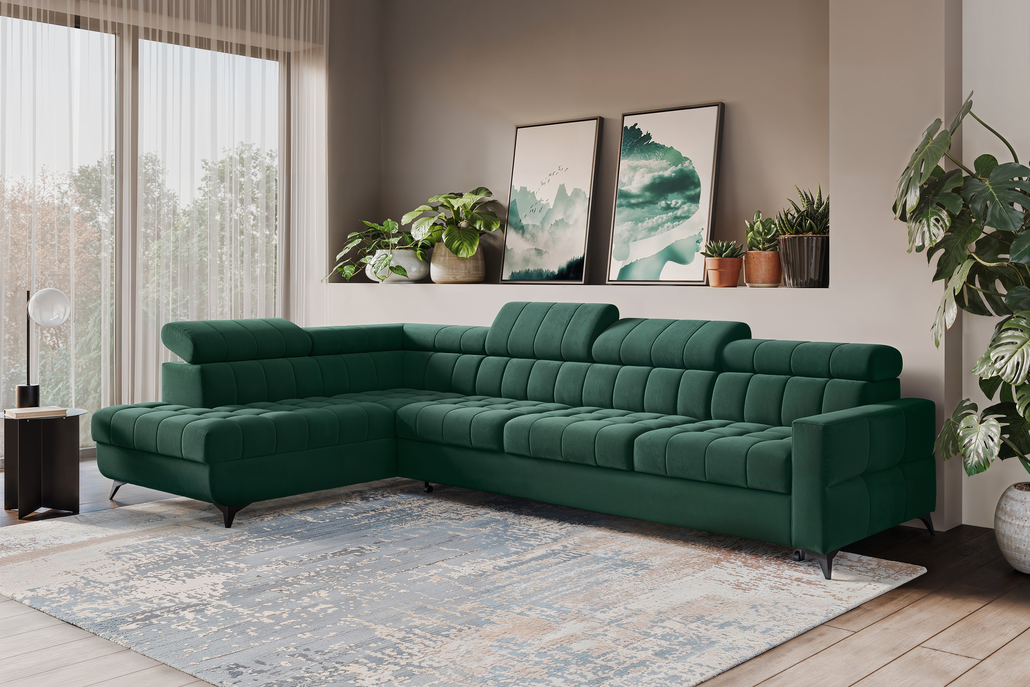 Rozkládací rohová sedací souprava Nardo Maxi levá - zelená Bluvel 78 Rohová sedací souprava Nardo Maxi rozkládací levá - zelená samet Bluvel 78