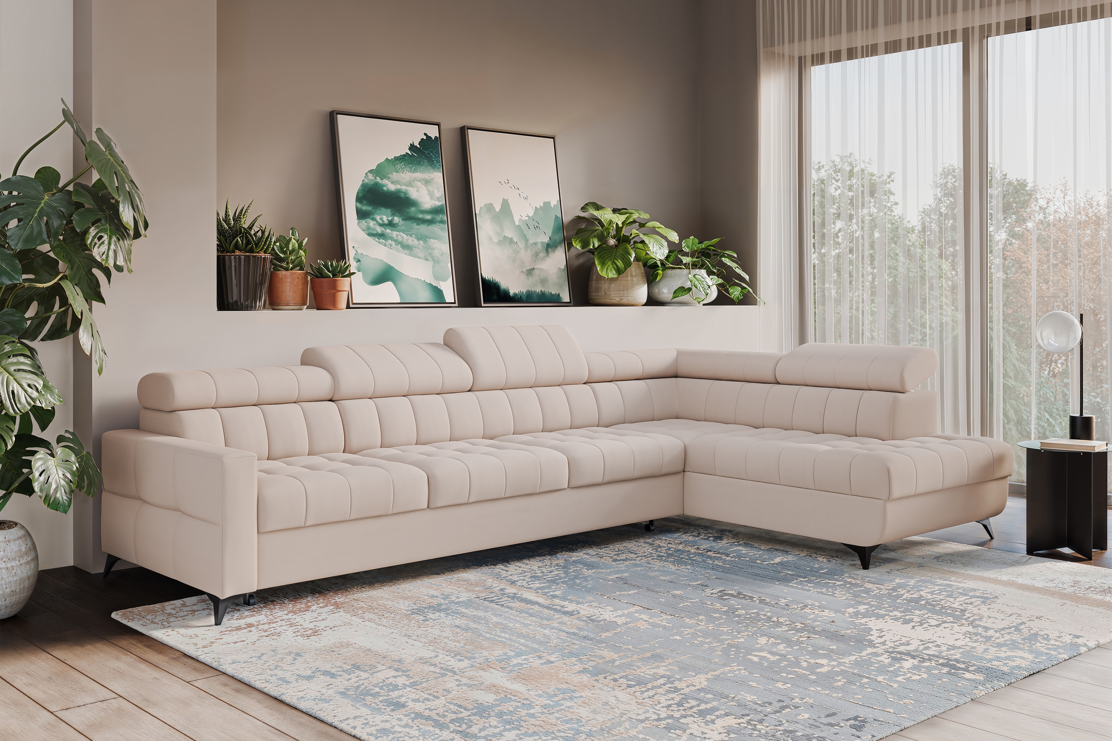 Rozkládací rohová sedací souprava Nardo Maxi pravá - béžová Pretty 03 Rohová sedací souprava Nardo Maxi rozkládací pravá - béžová plusz Pretty 03 