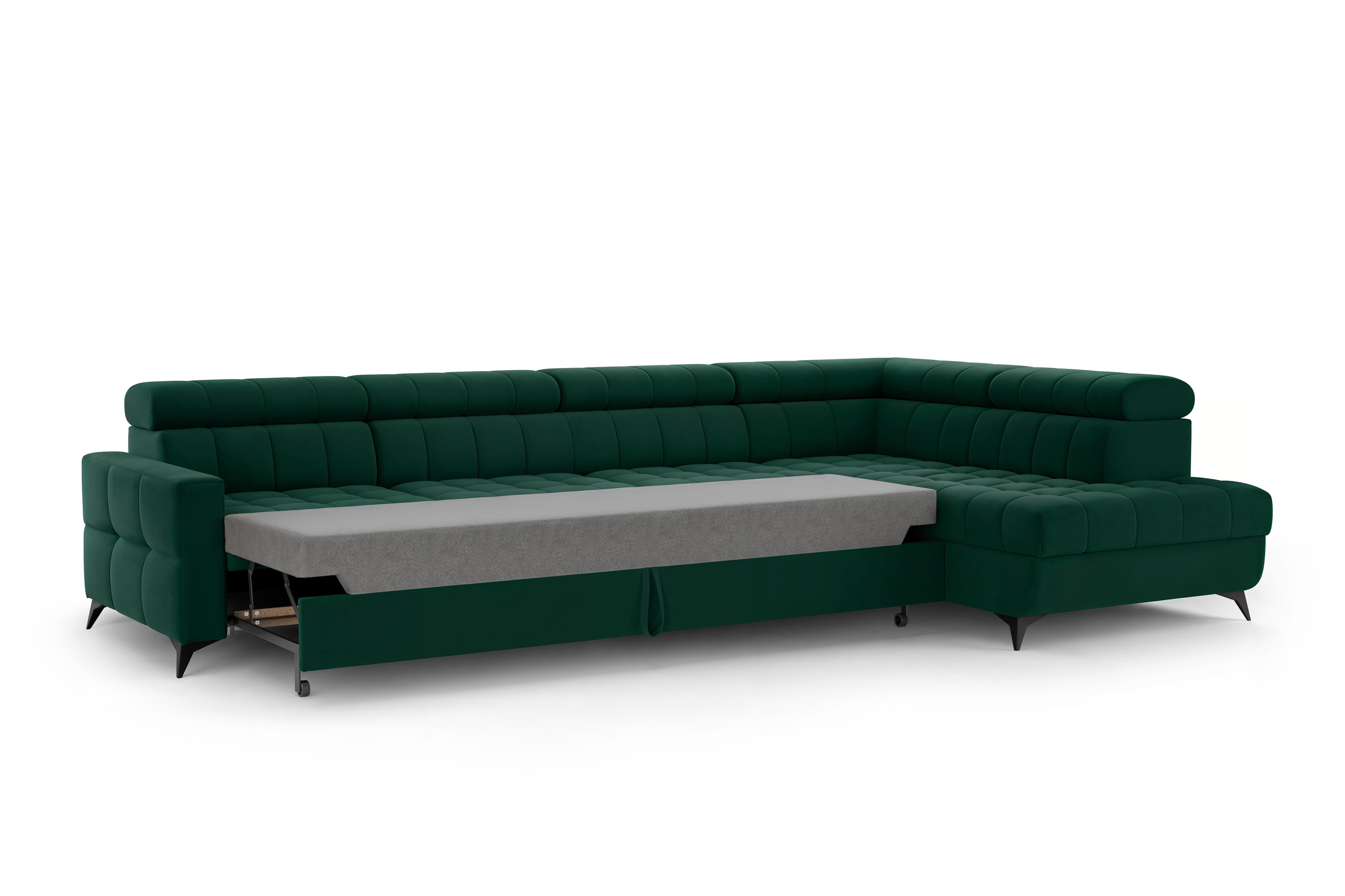 Rozkládací rohová sedací souprava Nardo Maxi pravá - zelená Bluvel 78 Rohová sedací souprava Nardo Maxi rozkládací pravá - zelená samet Bluvel 78