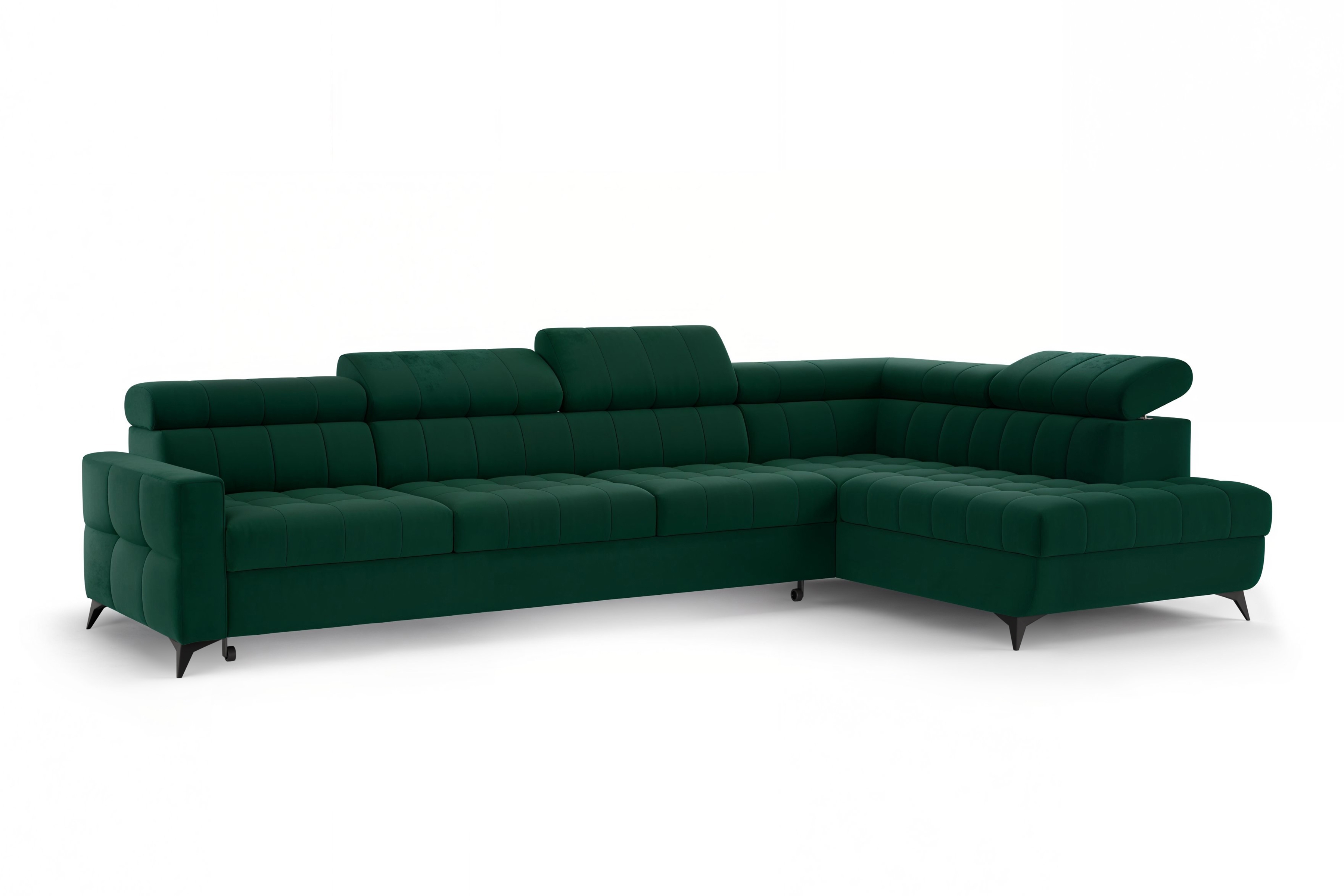 Rozkládací rohová sedací souprava Nardo Maxi pravá - zelená Bluvel 78 Rohová sedací souprava Nardo Maxi rozkládací pravá - zelená samet Bluvel 78