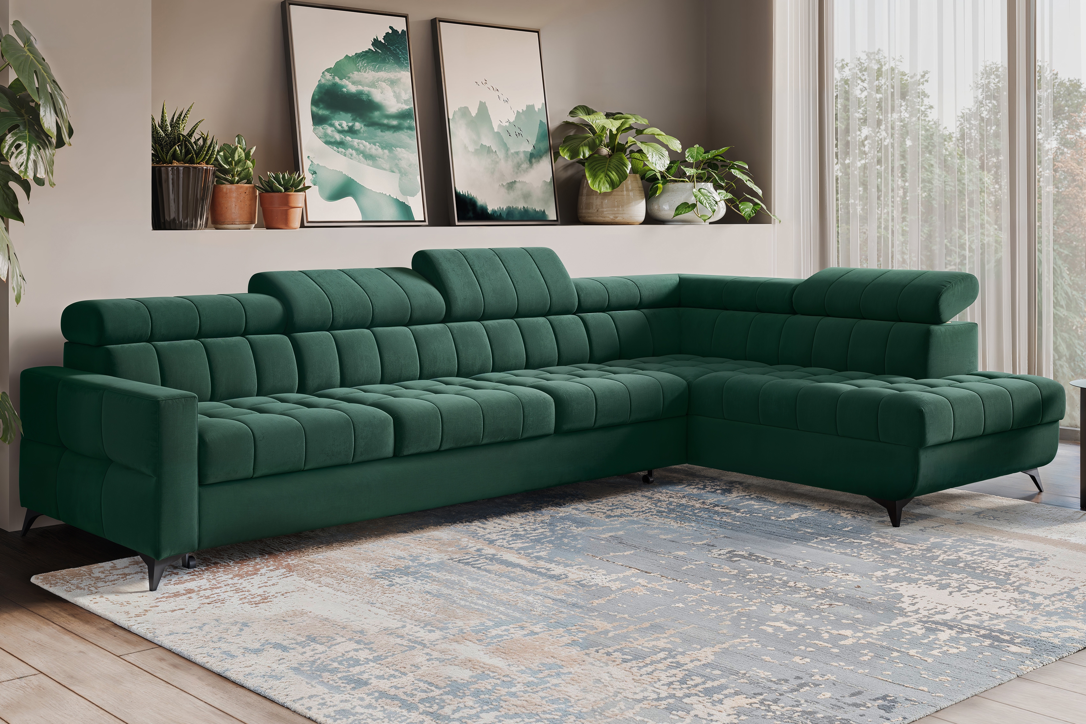 Rozkládací rohová sedací souprava Nardo Maxi pravá - zelená Bluvel 78 Rohová sedací souprava Nardo Maxi rozkládací pravá - zelená samet Bluvel 78