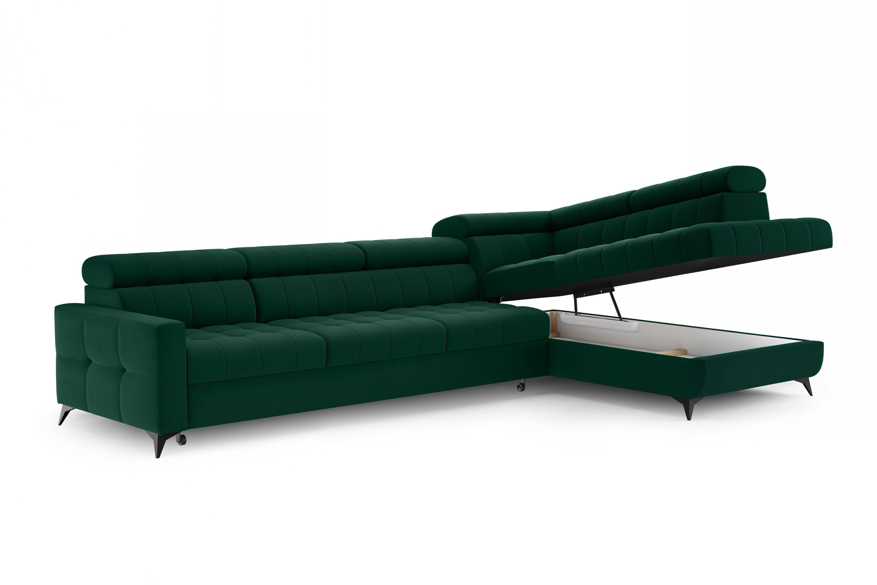 Rozkládací rohová sedací souprava Nardo Maxi pravá - zelená Bluvel 78 Rohová sedací souprava Nardo Maxi rozkládací pravá - zelená samet Bluvel 78