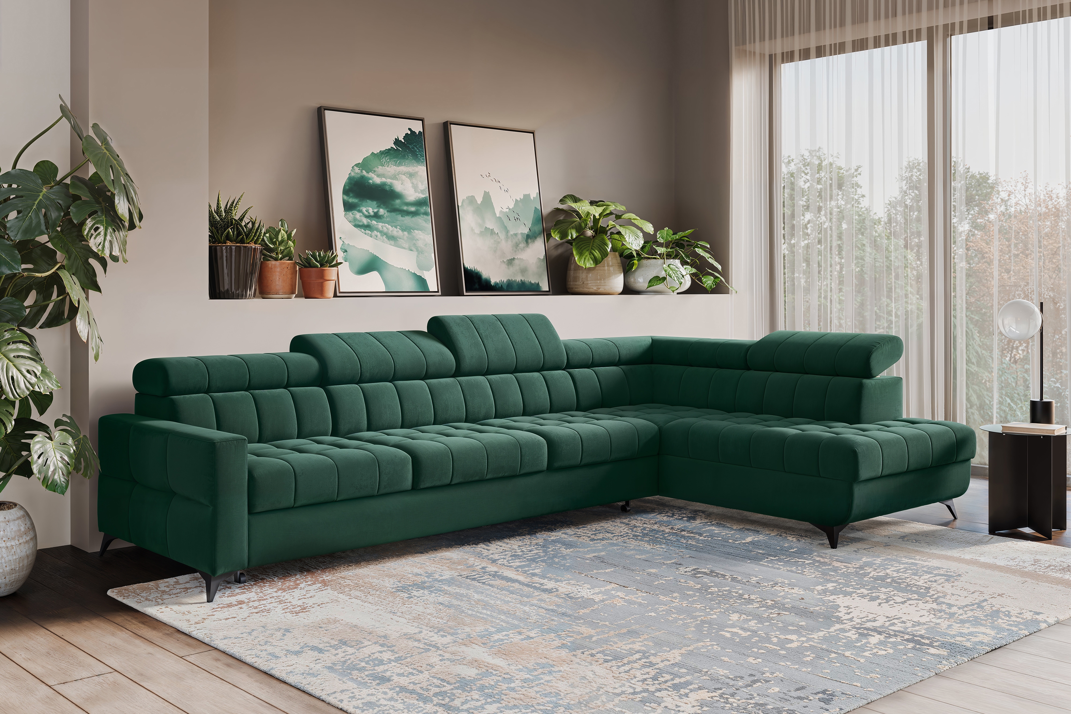 Rozkládací rohová sedací souprava Nardo Maxi pravá - zelená Bluvel 78 Rohová sedací souprava Nardo Maxi rozkládací pravá - zelená samet Bluvel 78