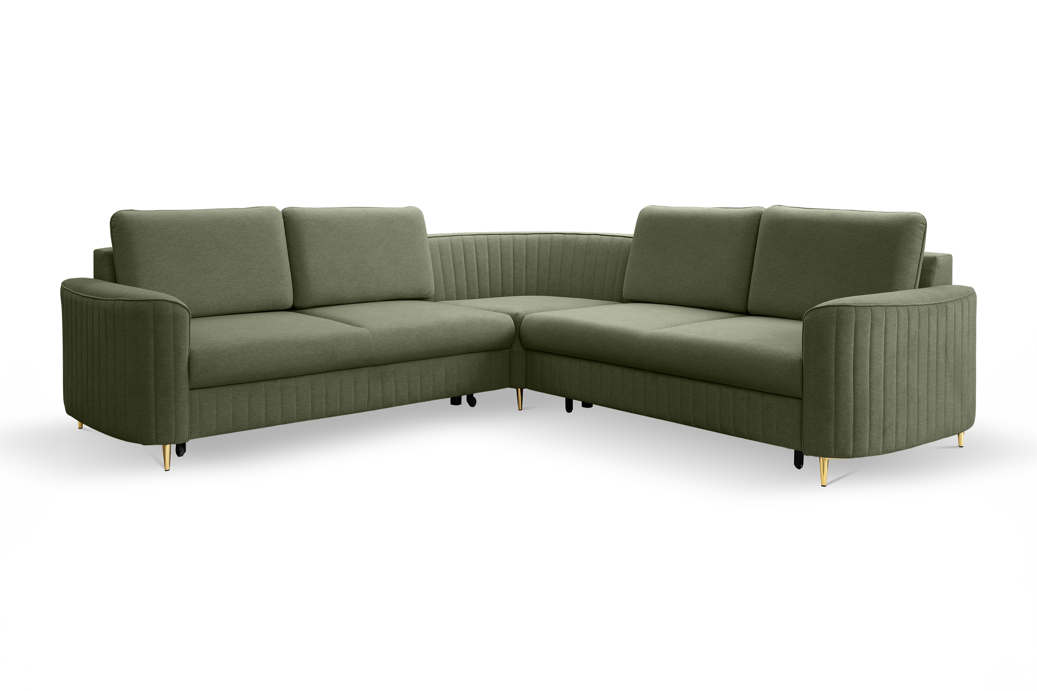 Rohová sedacia súprava Nares rozkladacia s úložným priestorom pravá - Olivový zamat Castel 39 Rohová sedacia súprava Nares s funkciou spania a úložným priestorom na posciel - Olivový welwet Castel 39