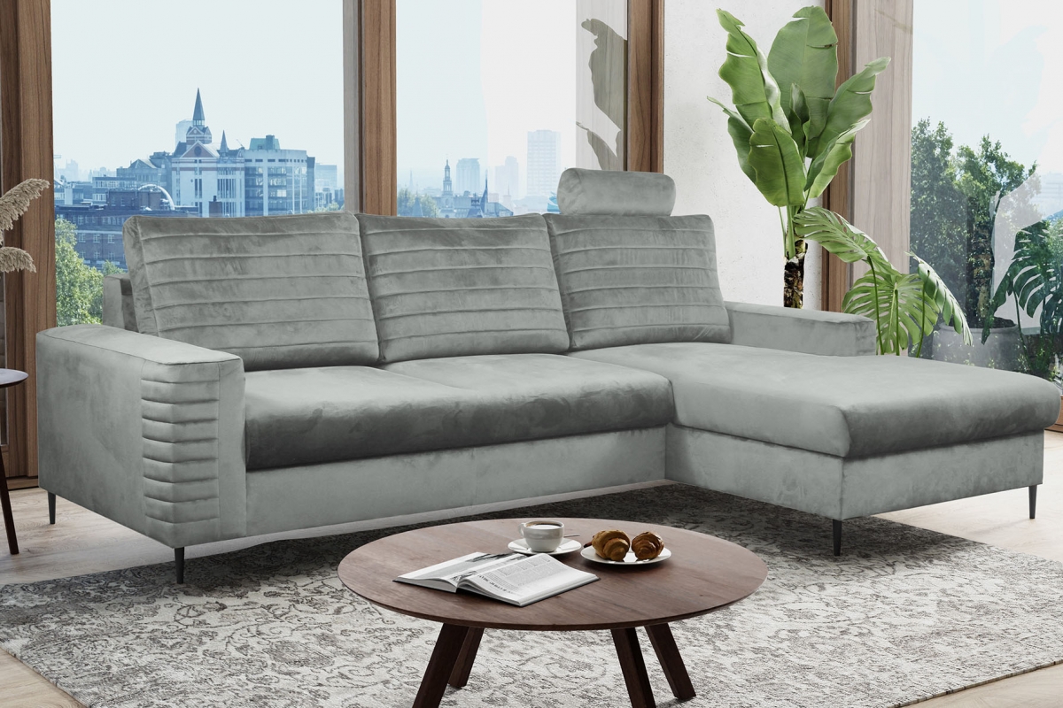 Rozkládací rohová sedací souprava Nollis pravá - šedý samet Velluto 16 Rohová sedací souprava Nollis s funkcí spaní pravá strana - šedý samet Velluto 16