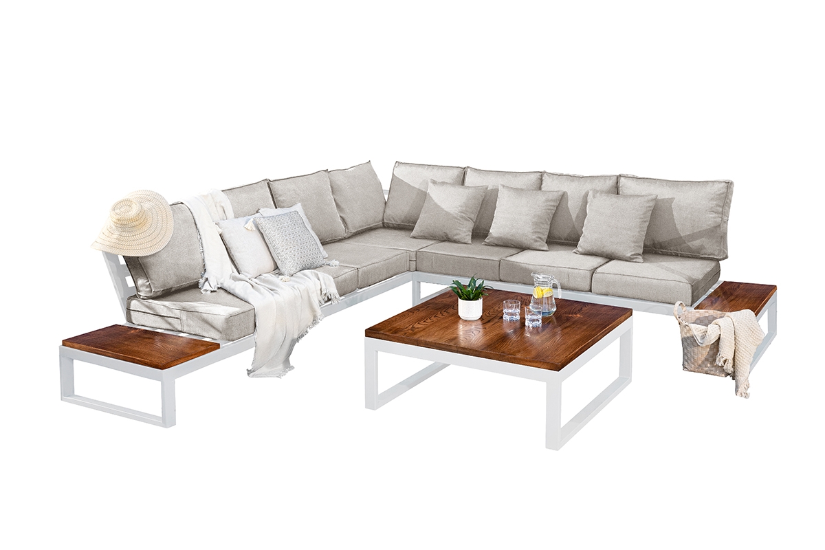 Záhradná rohová sedacia súprava Bayamo II so stolom - Rošt Biely Rohová sedacia súprava záhradný so stolom