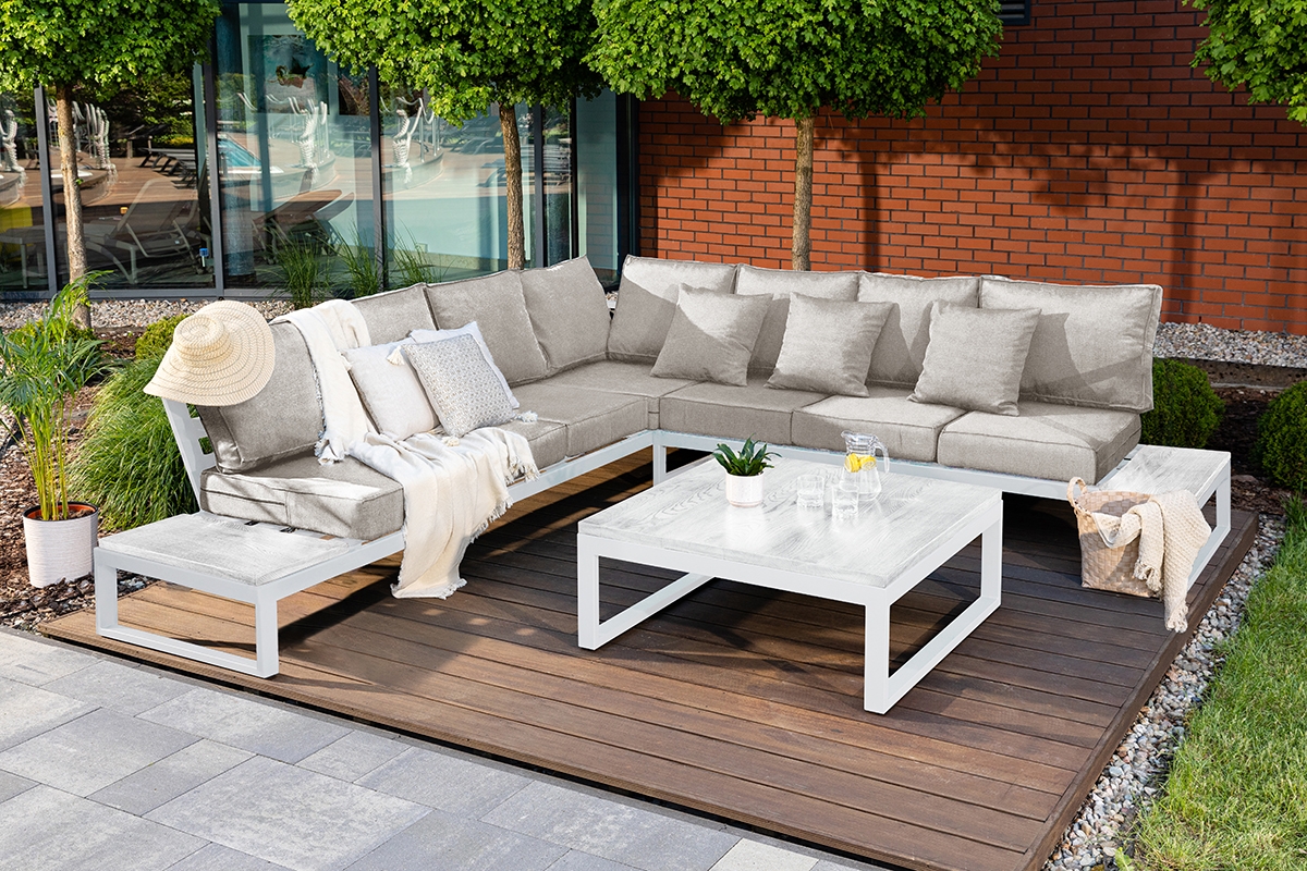 Záhradná rohová sedacia súprava Bayamo II so stolom - Rošt Biely Biely Rohová sedacia súprava do ogrodu