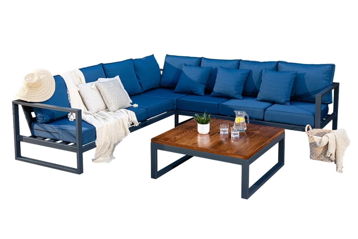 Zahradní rohová sedací souprava Bayamo - tmavě modrá Garden 2844 / antracitový rám / deska tmavý ořech Rohová sedací souprava zahradní Bayamo s konferenčním stolkem - tmavě modrá Garden 2844 / Rošt antracitová / Deska tmavý ořech