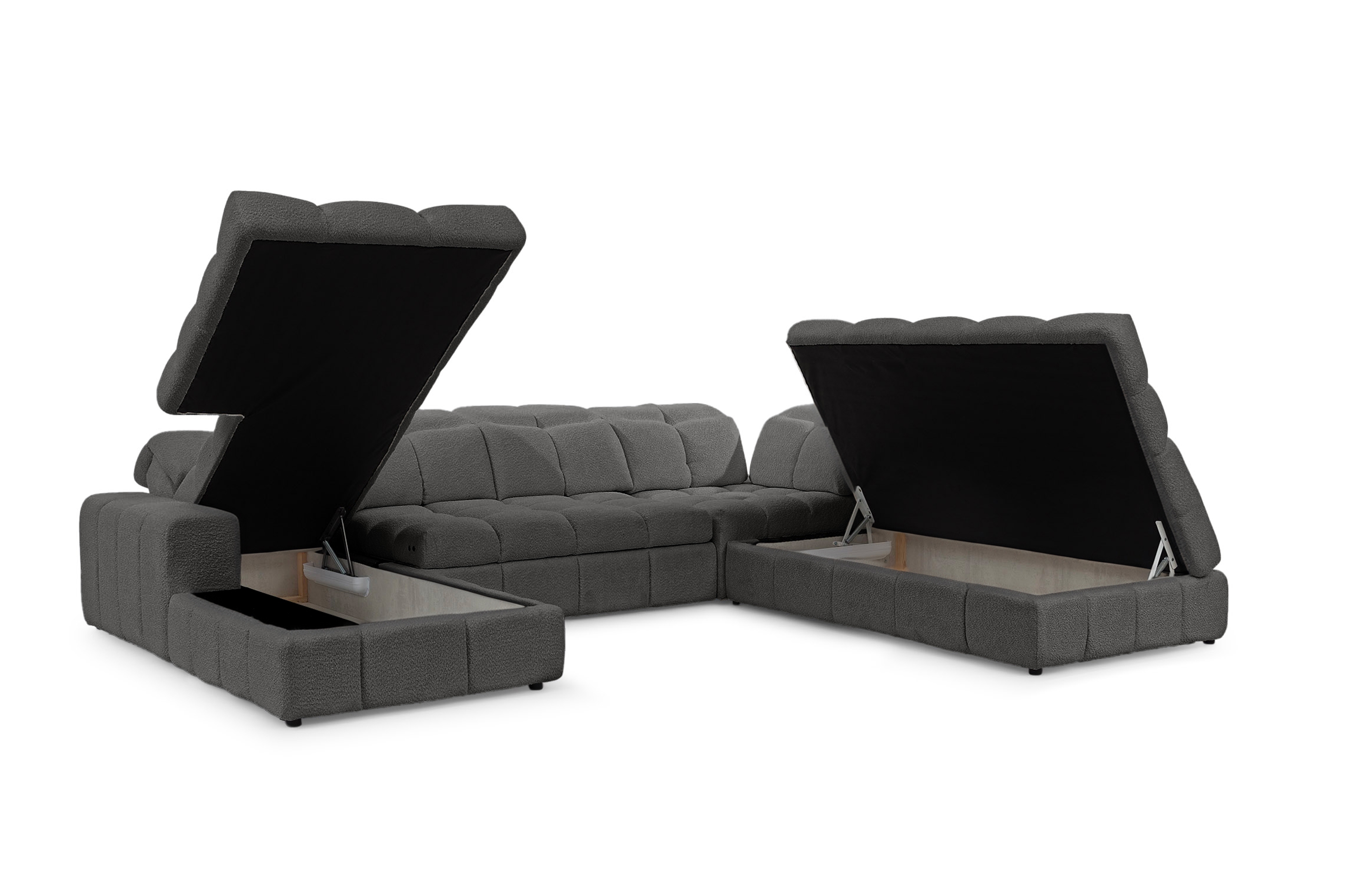 Elektrický rozkládací rohový gauč Magnelio U II pravý - šedá bouclé Catch Me 25 Rohová sedací souprava pravá rozkládací z elektricky wysuwanym sedadlem Magnelio U II - šedá boucle Catch Me 25 