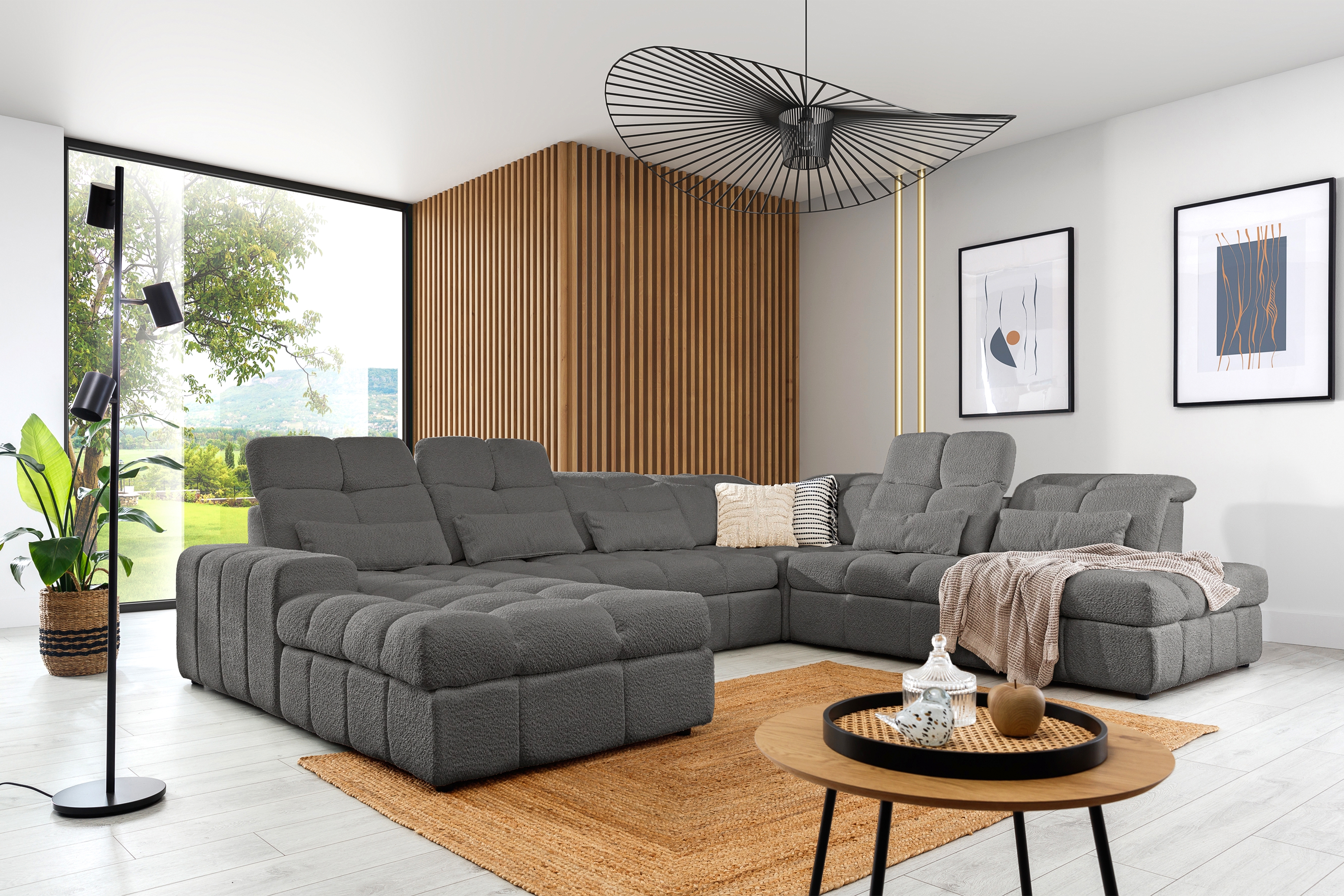 Elektrický rozkládací rohový gauč Magnelio U II pravý - šedá bouclé Catch Me 25 Rohová sedací souprava pravá rozkládací z elektricky wysuwanym sedadlem Magnelio U II - šedá boucle Catch Me 25 