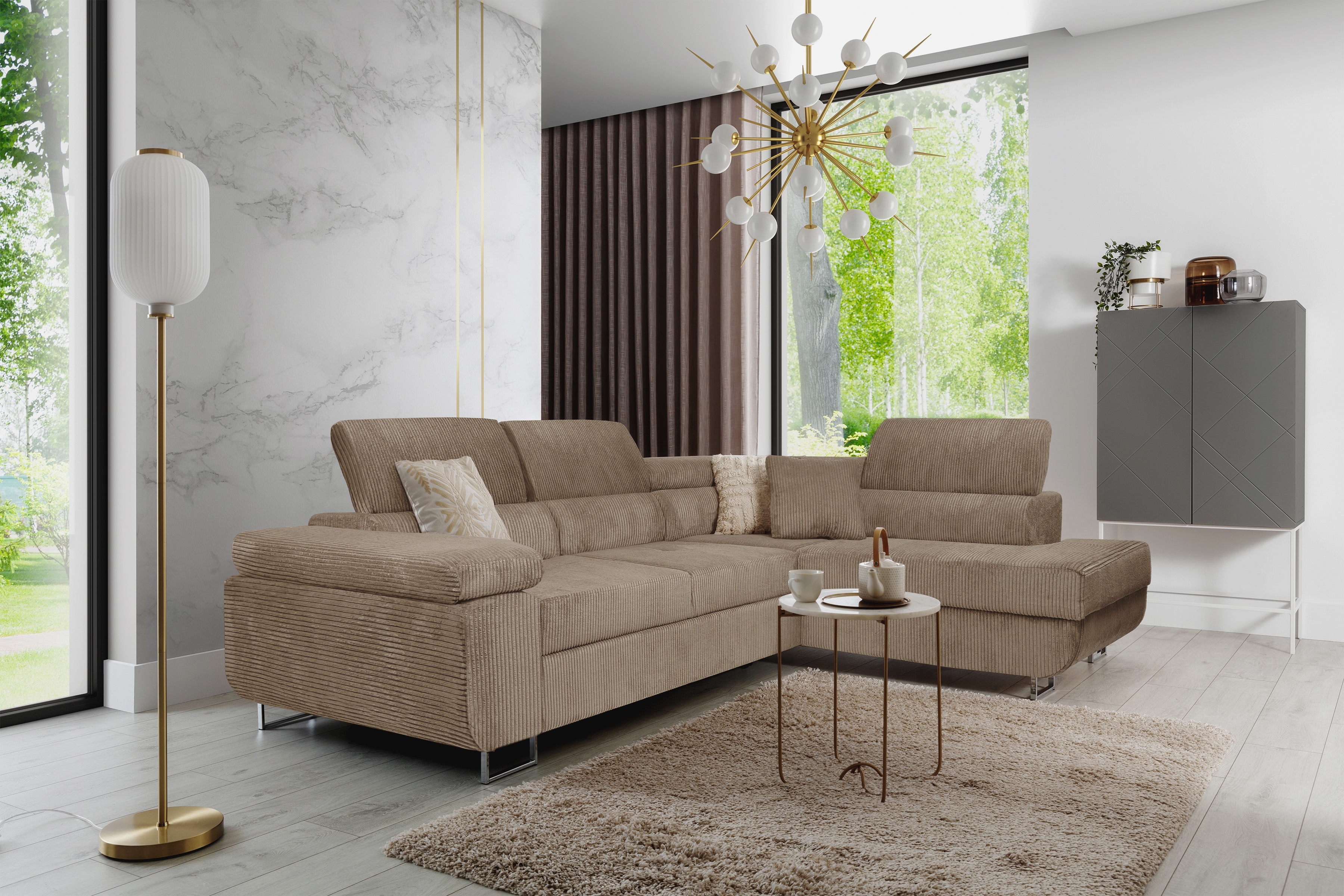 Rohová sedací souprava Annabelle L pravá - béžová Lincoln 17 / chromované nožky Rohová sedací souprava pravá strana do obývacího pokoje Annabelle - béžový manšestr Lincoln 17