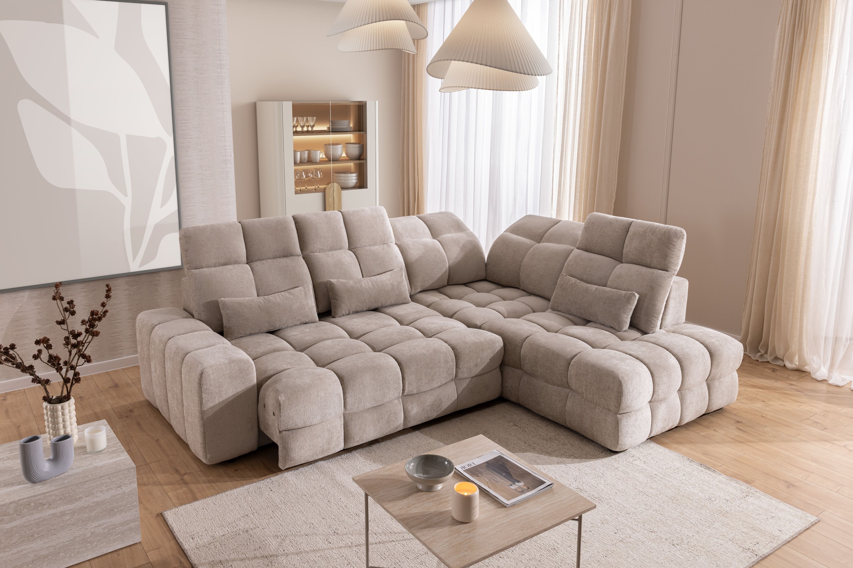 Rohová pohovka Magnelio Prestige L pravá s elektrickým výsuvem sedáku - béžový szenil Perfect Harmony 07 Rohová sedací souprava pravá Magnelio Prestige L z elektricky wysuwanym sedadlem - béžová šenil Perfect harmony 07