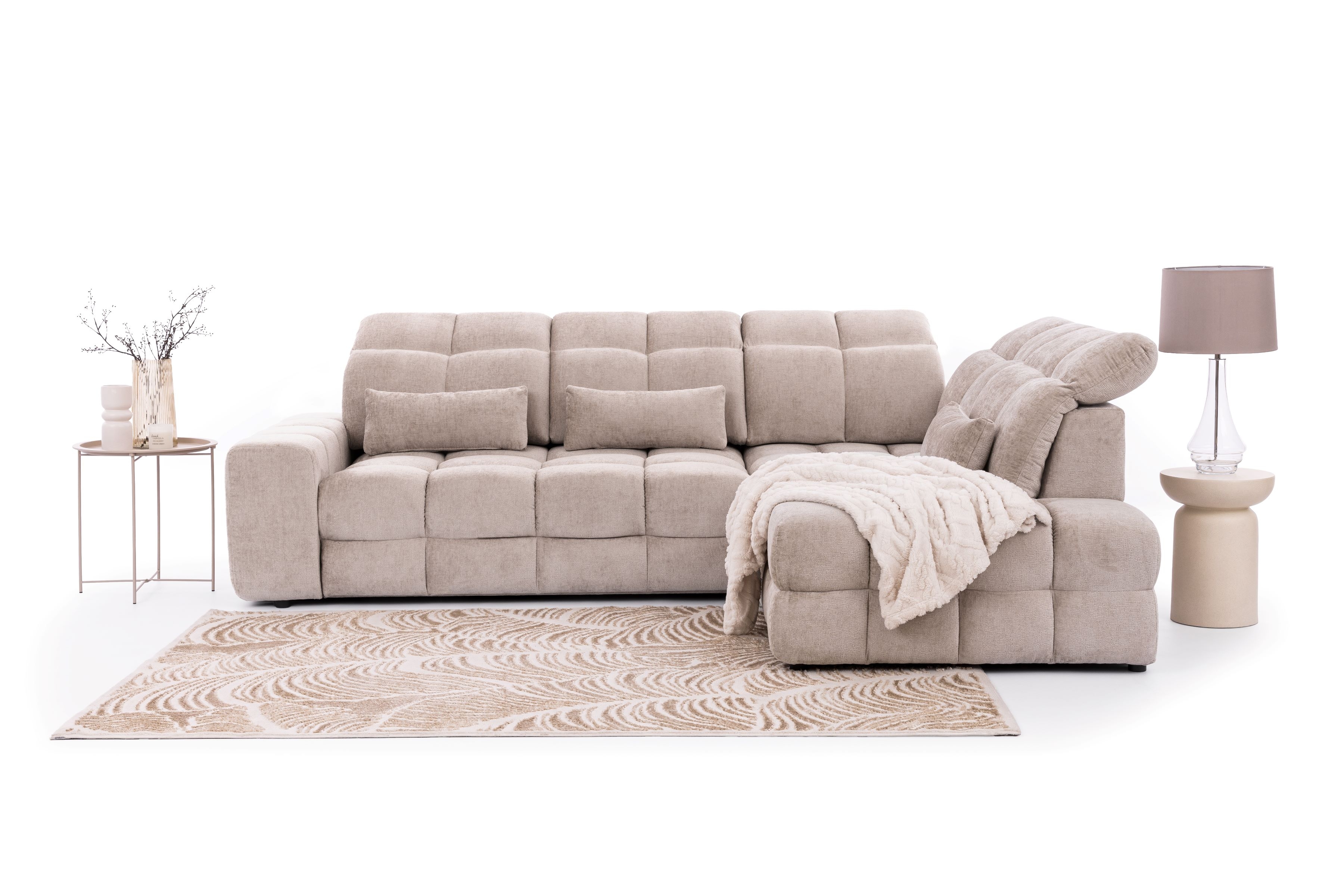 Rohová pohovka Magnelio Prestige L pravá s elektrickým výsuvem sedáku - béžový szenil Perfect Harmony 07 Rohová sedací souprava pravá Magnelio Prestige L z elektricky wysuwanym sedadlem - béžová šenil Perfect harmony 07