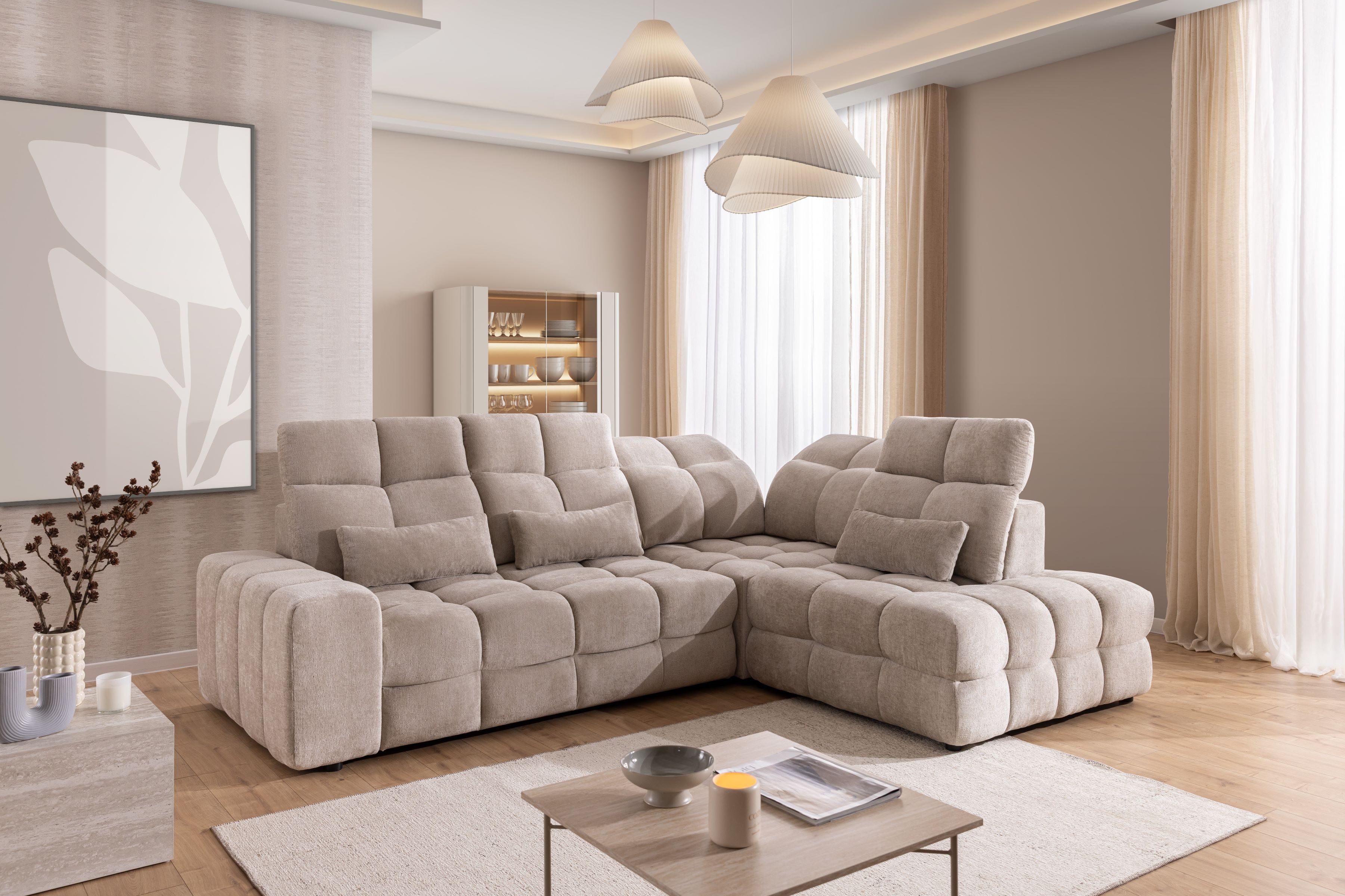 Rohová pohovka Magnelio Prestige L pravá s elektrickým výsuvem sedáku - béžový szenil Perfect Harmony 07 Rohová sedací souprava pravá Magnelio Prestige L z elektricky wysuwanym sedadlem - béžová šenil Perfect harmony 07