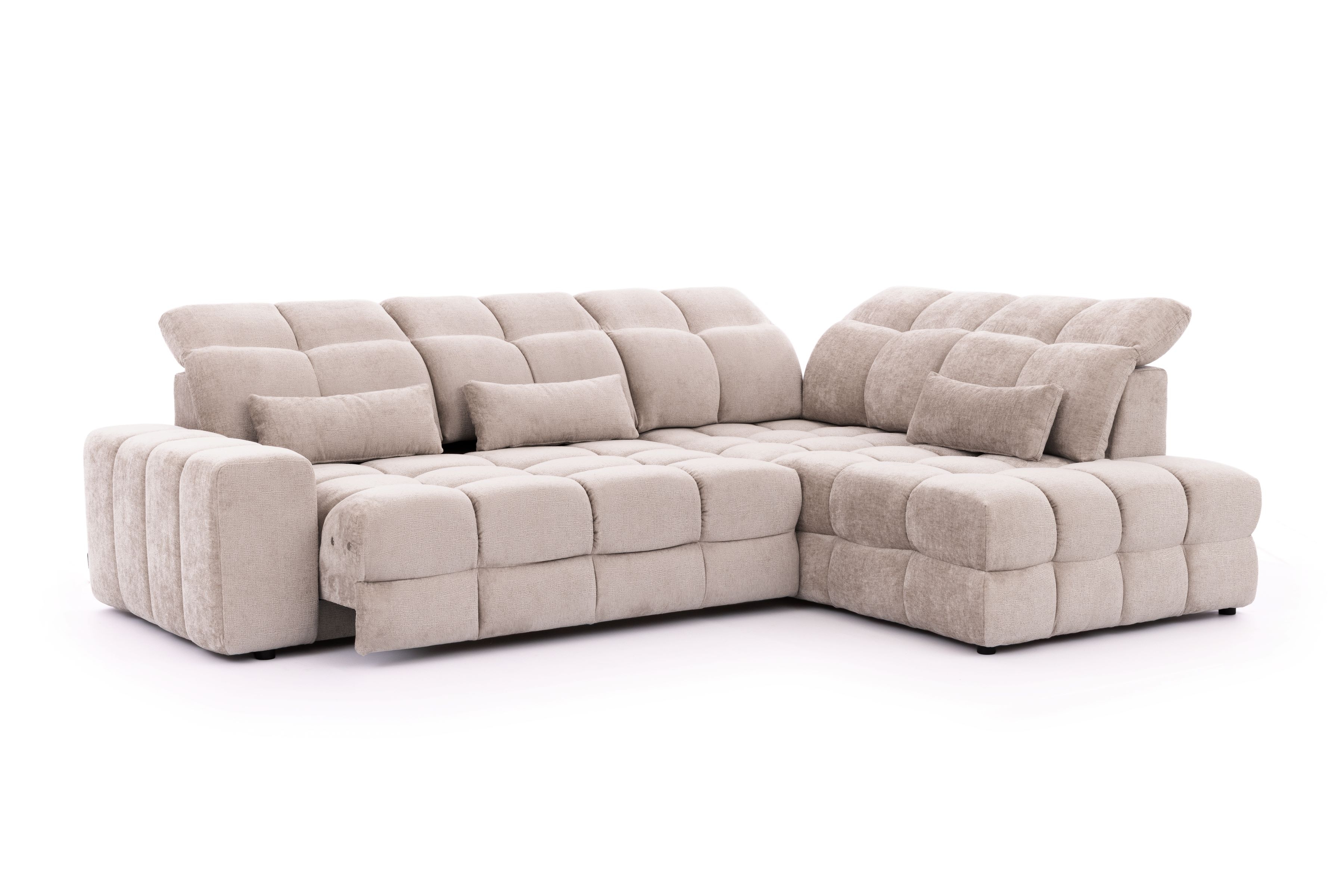 Rohová pohovka Magnelio Prestige L pravá s elektrickým výsuvem sedáku - béžový szenil Perfect Harmony 07 Rohová sedací souprava pravá Magnelio Prestige L z elektricky wysuwanym sedadlem - béžová šenil Perfect harmony 07