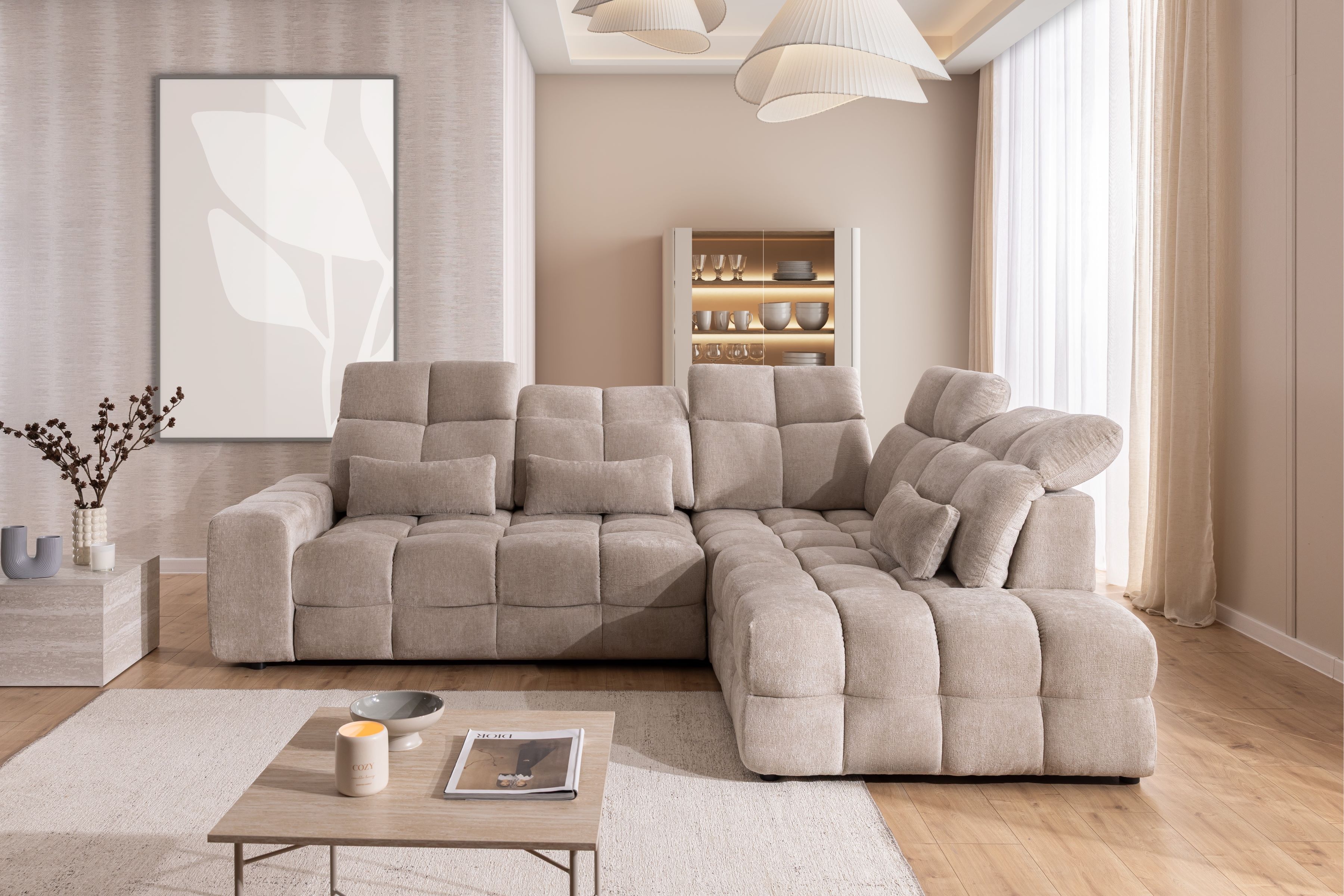 Rohová pohovka Magnelio Prestige L pravá s elektrickým výsuvem sedáku - béžový szenil Perfect Harmony 07 Rohová sedací souprava pravá Magnelio Prestige L z elektricky wysuwanym sedadlem - béžová šenil Perfect harmony 07