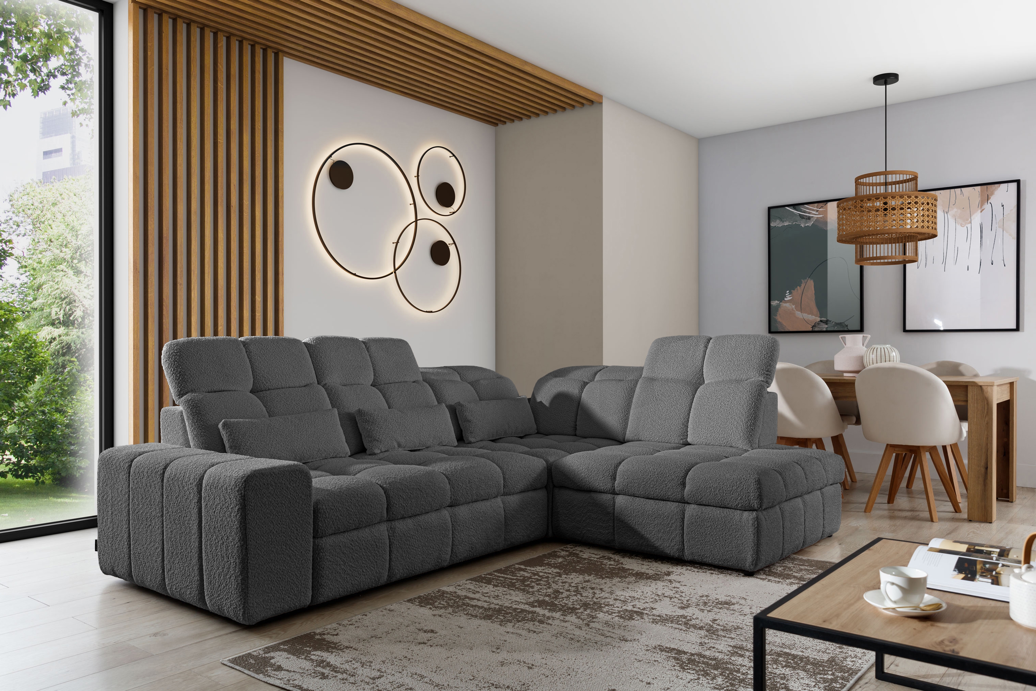 Elektrický rozkládací rohový gauč Magnelio L pravý - šedá bouclé Catch Me 25 Rohová sedací souprava pravá strana rozkládací z elektricky wysuwanym sedadlem Magnelio L - šedá boucle Catch me 25