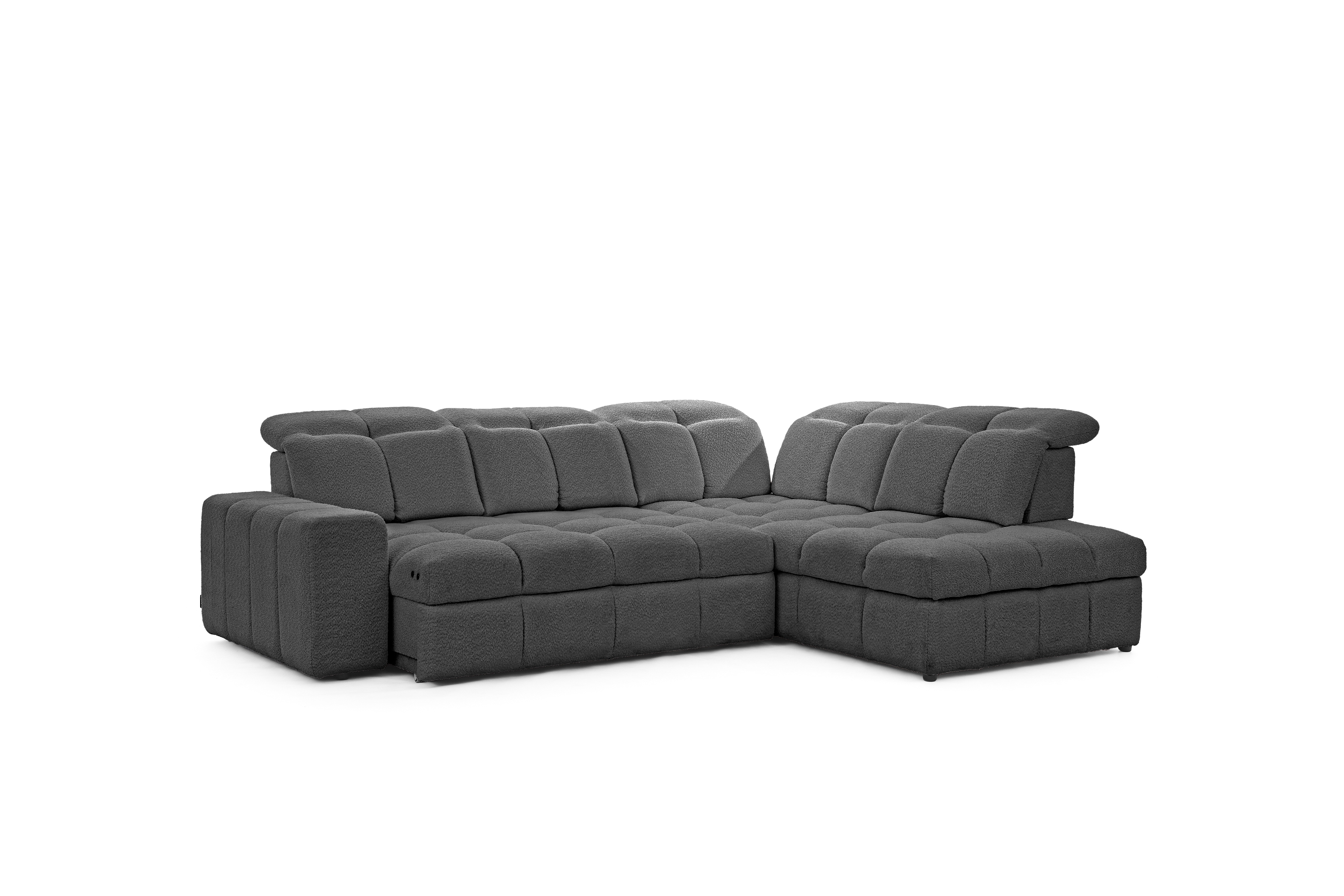 Elektrický rozkládací rohový gauč Magnelio L pravý - šedá bouclé Catch Me 25 Rohová sedací souprava pravá strana rozkládací z elektricky wysuwanym sedadlem Magnelio L - šedá boucle Catch me 25